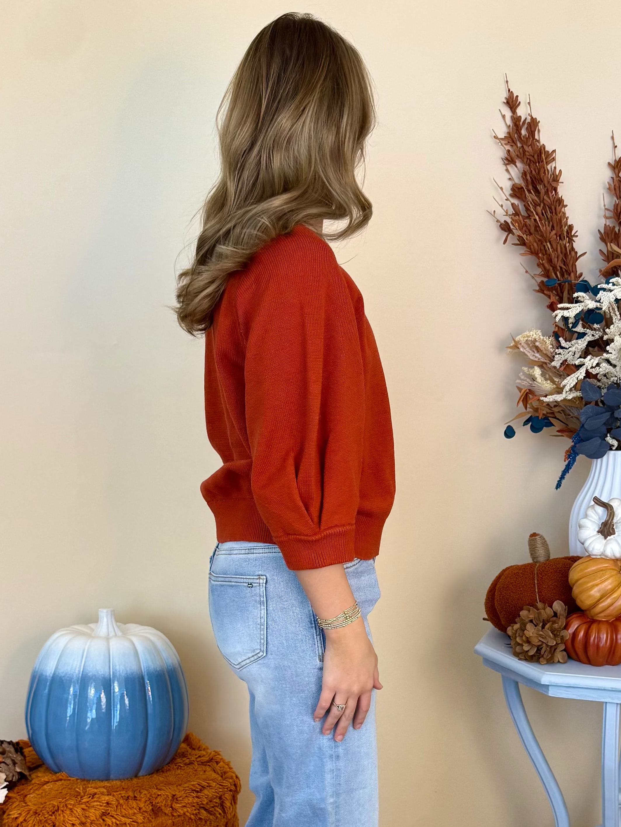 Porch Swing Clay Pleated 3/4 Sleeve Cardigan Sweater-Shop-Womens-Boutique-Clothing