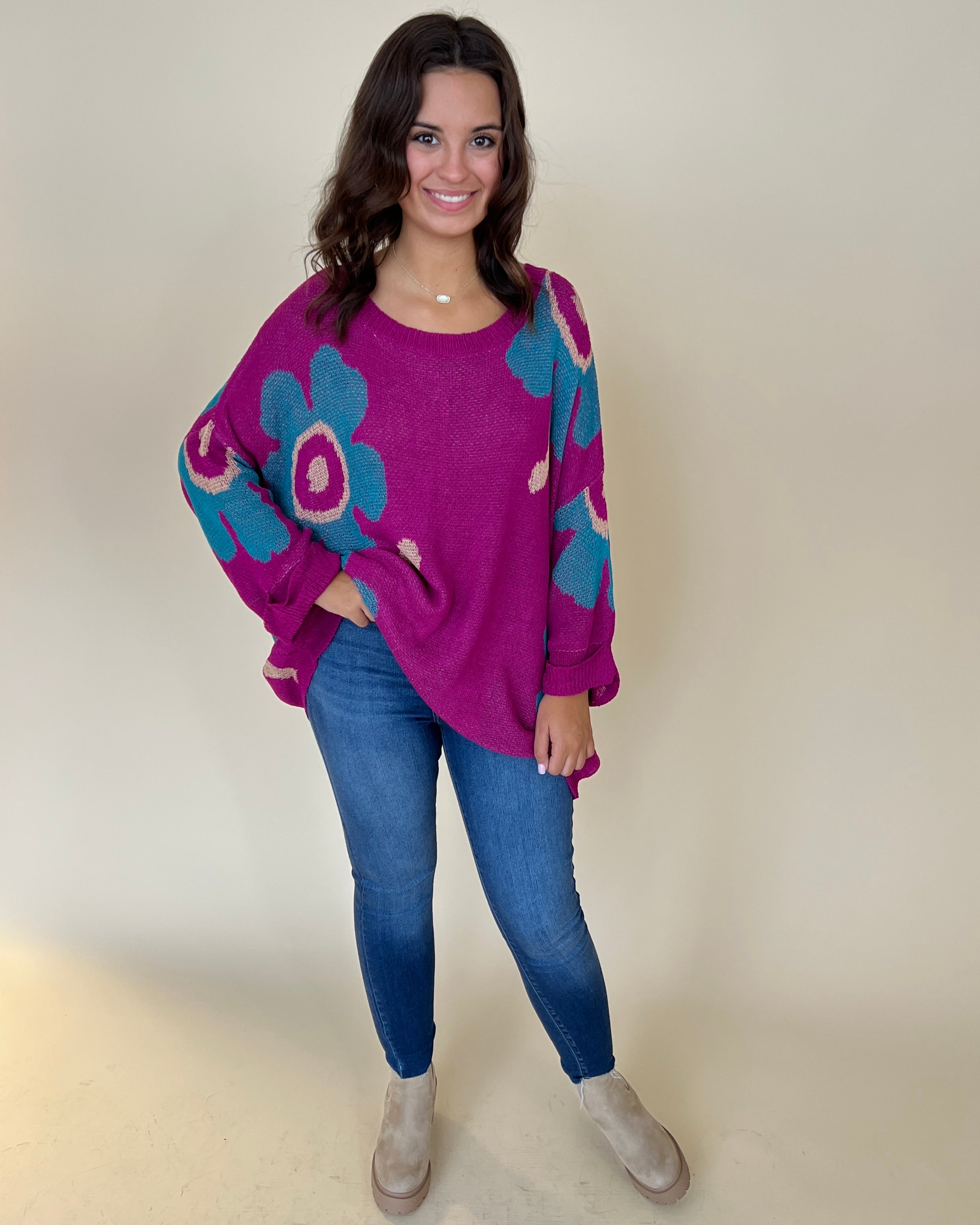 In The Moment Teal/Magenta Floral Knit Sweater-Shop-Womens-Boutique-Clothing