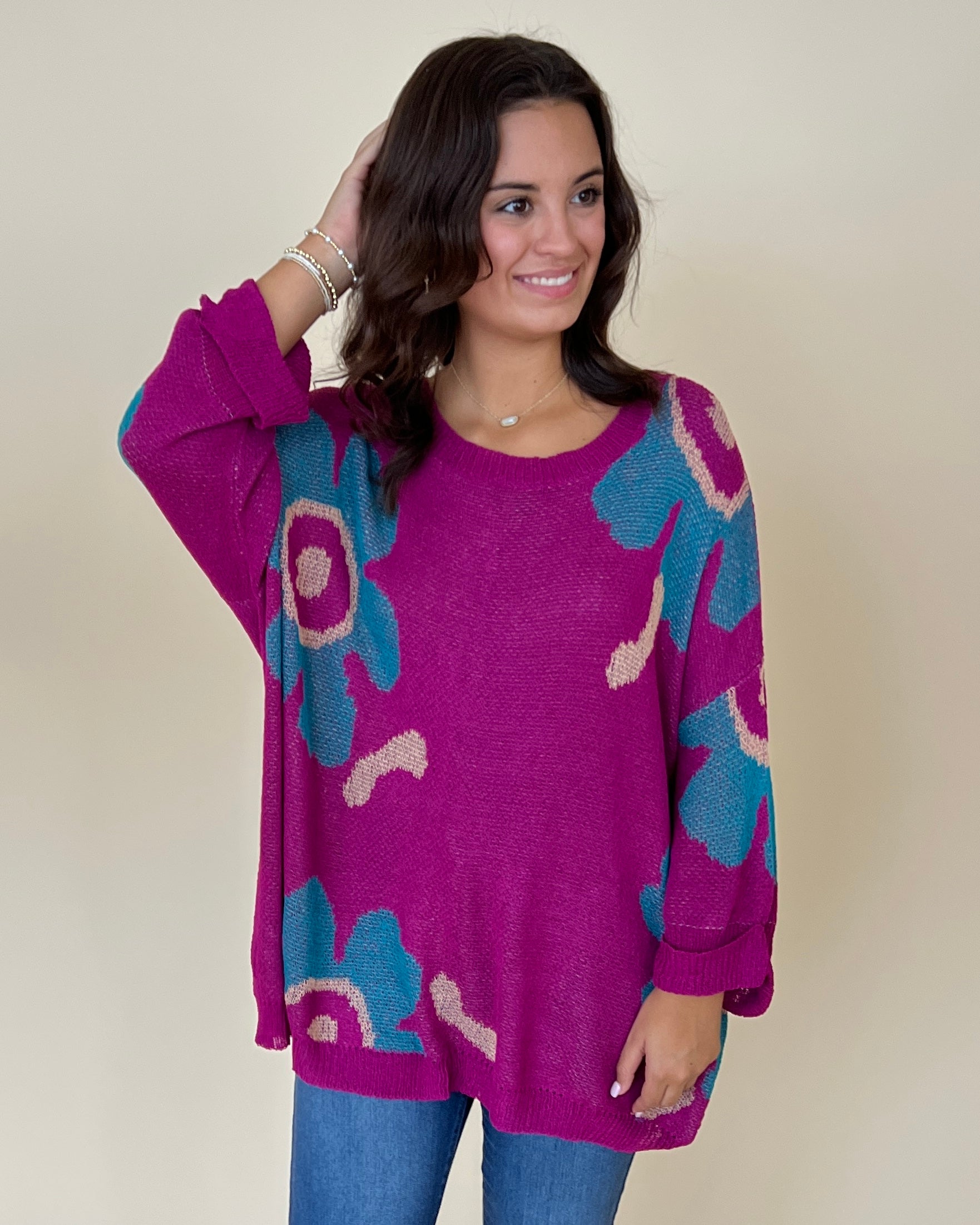 In The Moment Teal/Magenta Floral Knit Sweater-Shop-Womens-Boutique-Clothing
