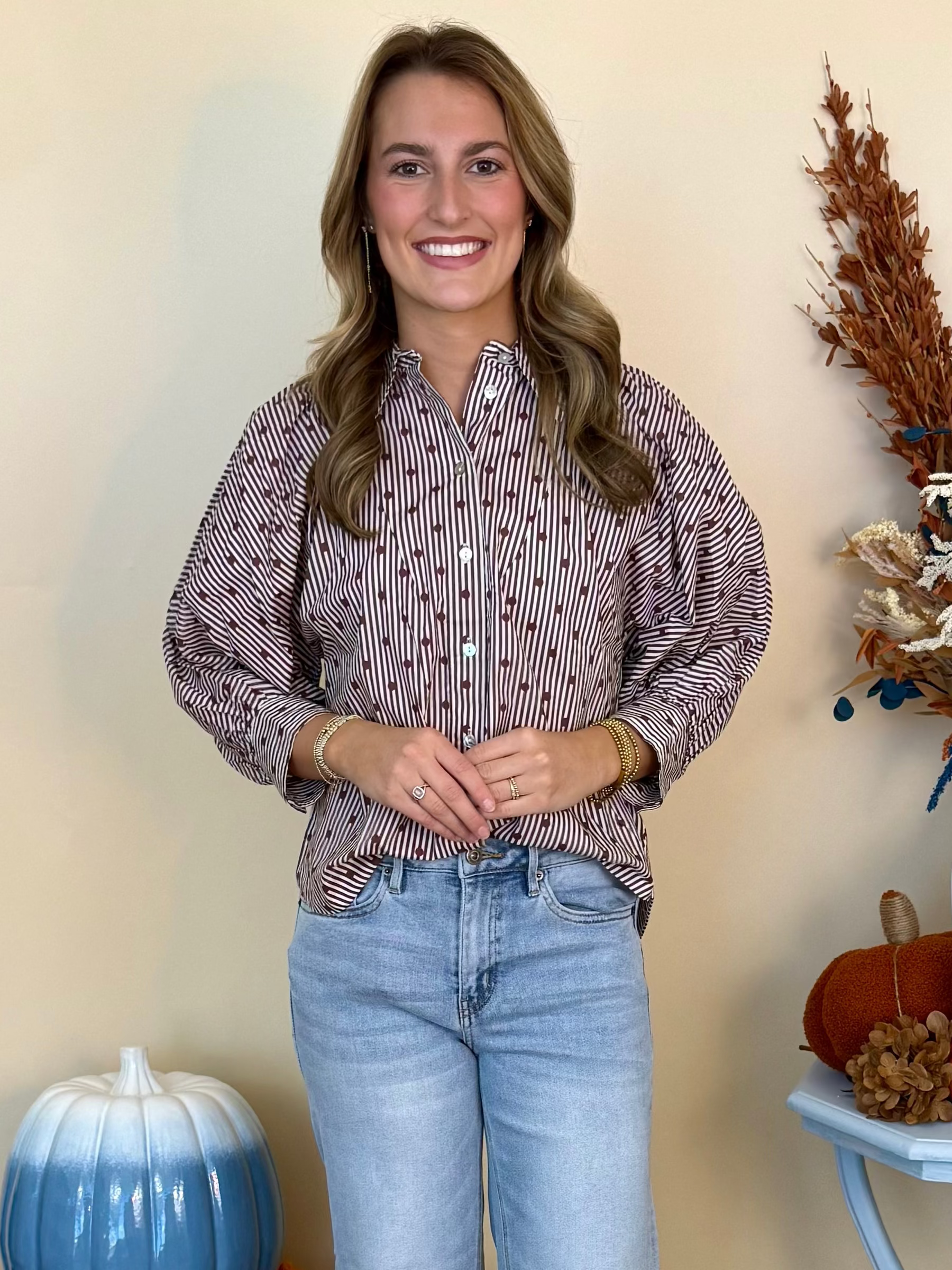 Cozy Season Brown Striped Dot 3/4 Sleeve Top-Shop-Womens-Boutique-Clothing