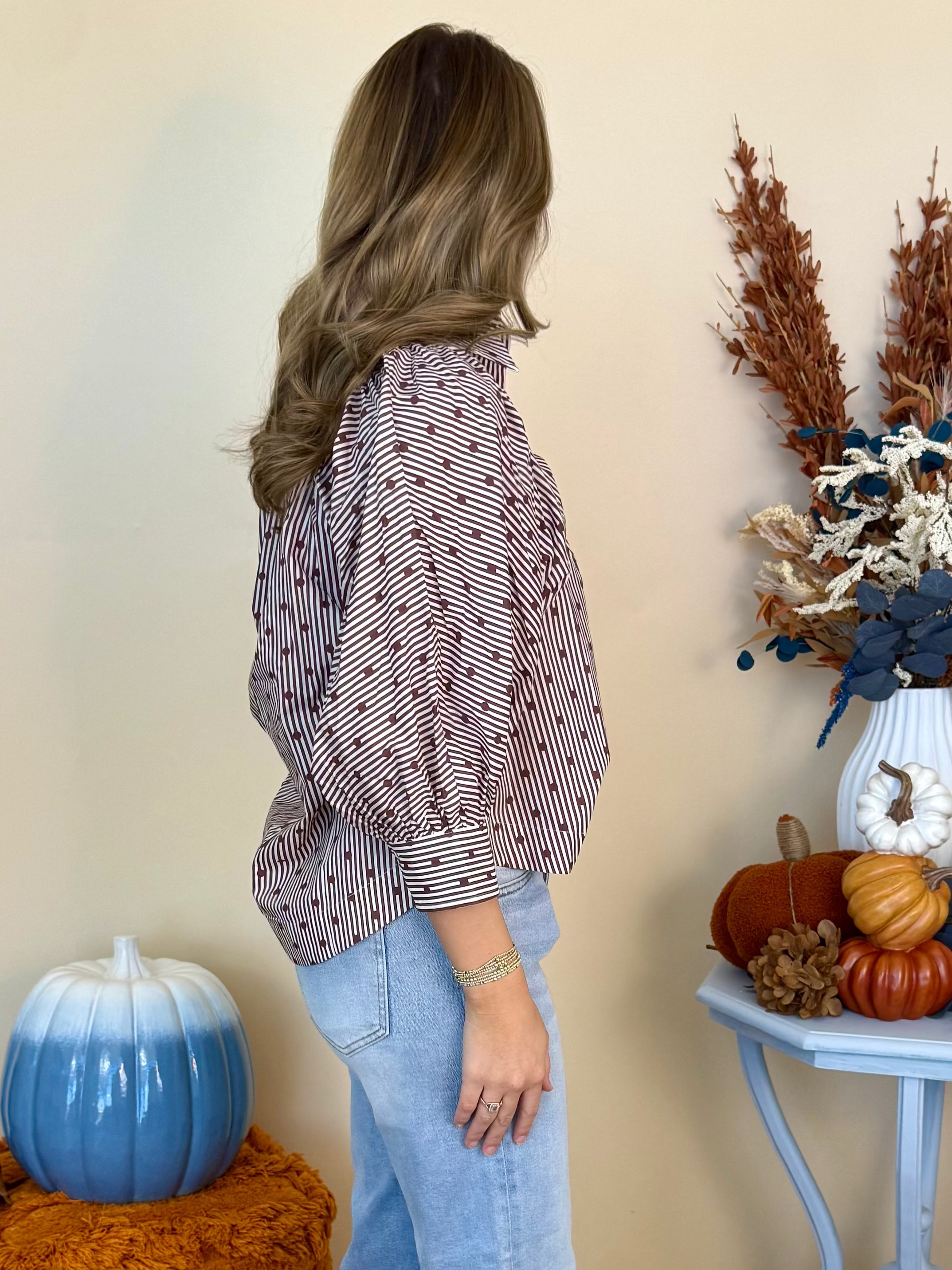 Cozy Season Brown Striped Dot 3/4 Sleeve Top-Shop-Womens-Boutique-Clothing