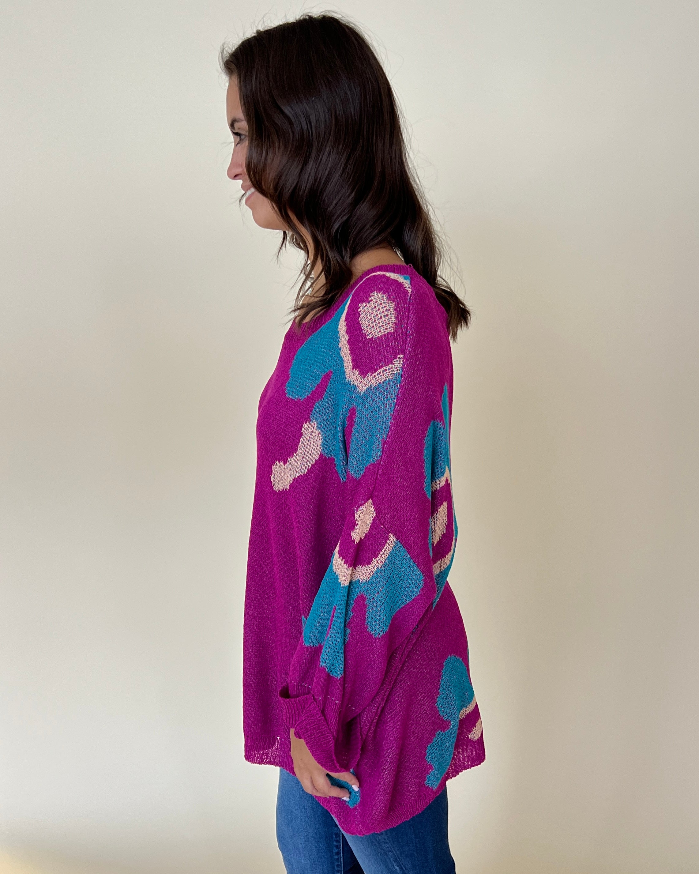 In The Moment Teal/Magenta Floral Knit Sweater-Shop-Womens-Boutique-Clothing