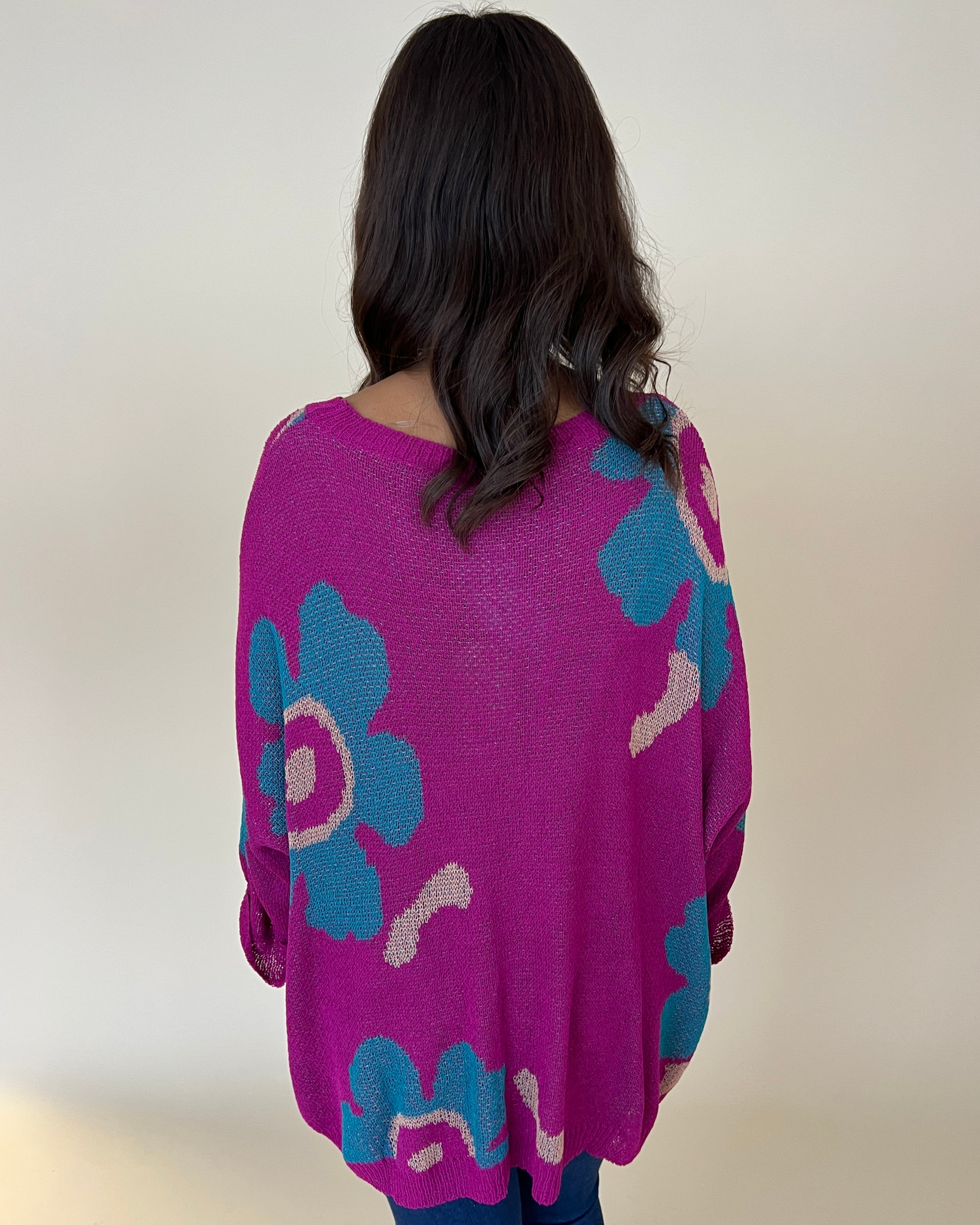 In The Moment Teal/Magenta Floral Knit Sweater-Shop-Womens-Boutique-Clothing