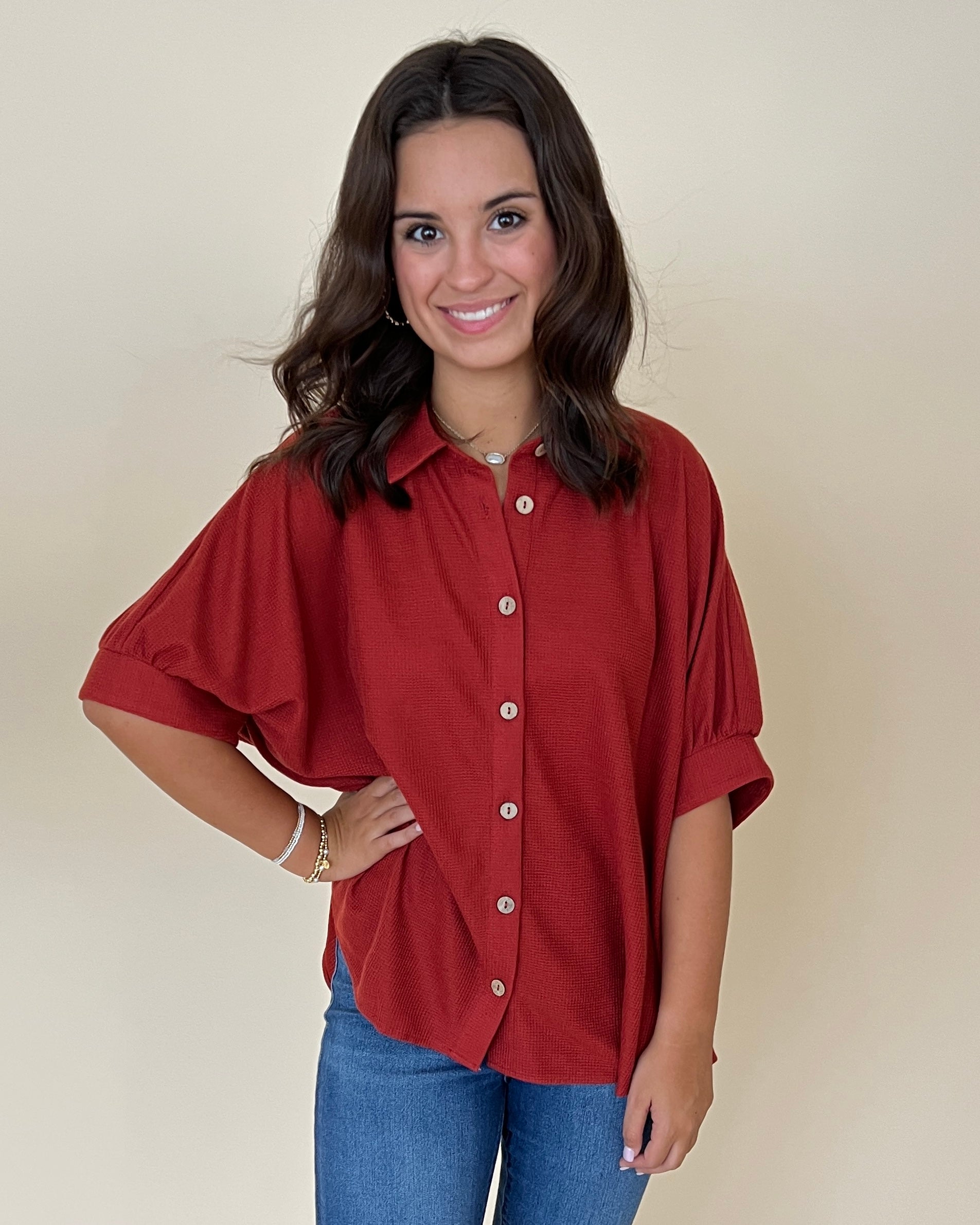 Let Loose Rust Waffle Button Down Top-Shop-Womens-Boutique-Clothing