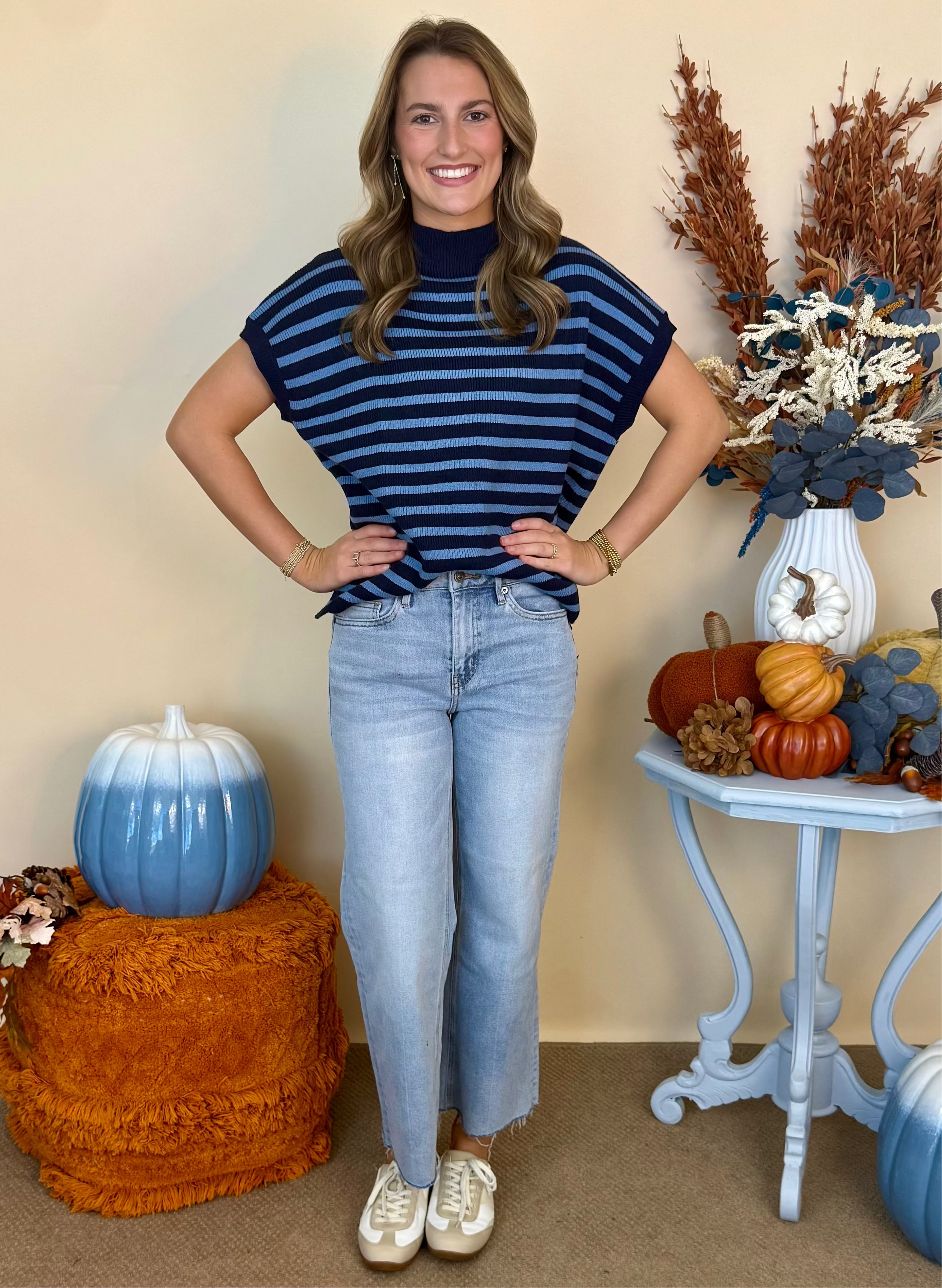 Front Porch Stories Navy Stripe Mock Neck Knit Sweater-Shop-Womens-Boutique-Clothing