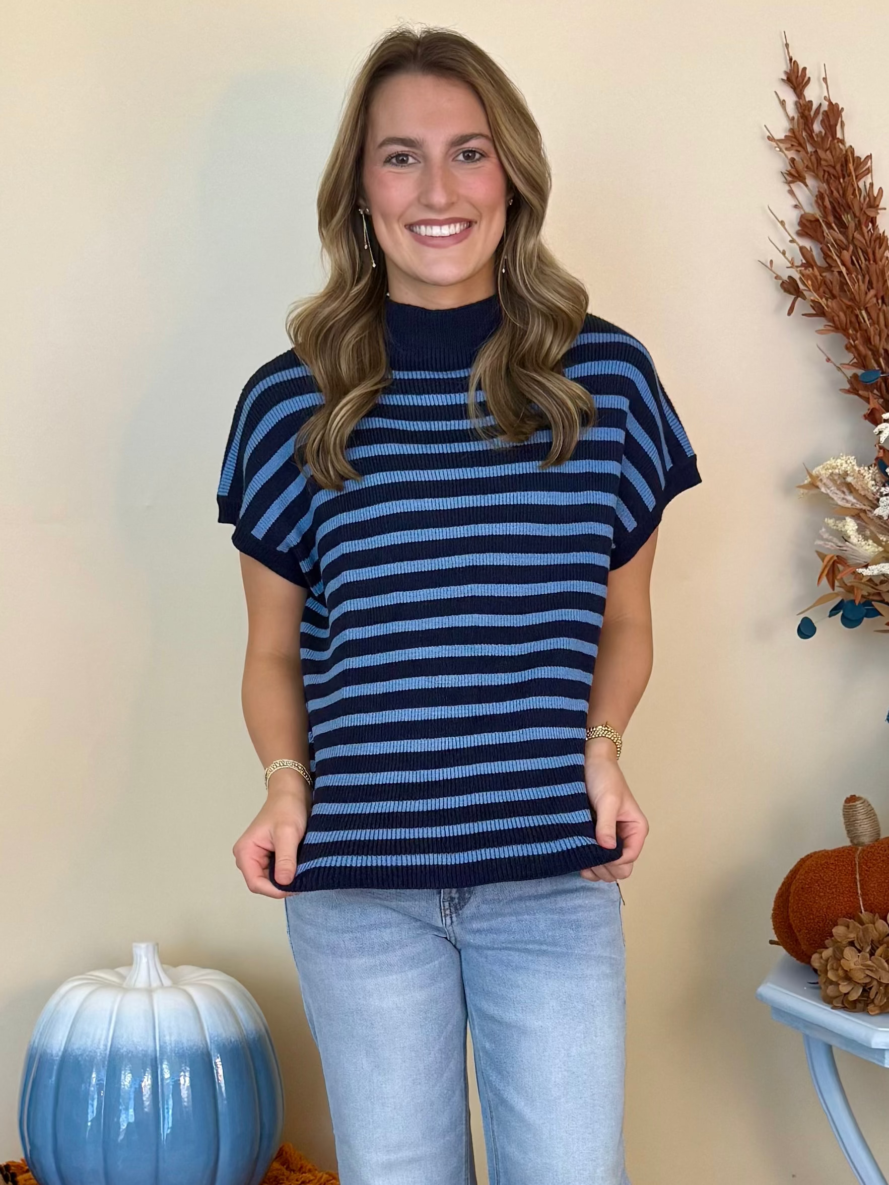 Front Porch Stories Navy Stripe Mock Neck Knit Sweater-Shop-Womens-Boutique-Clothing