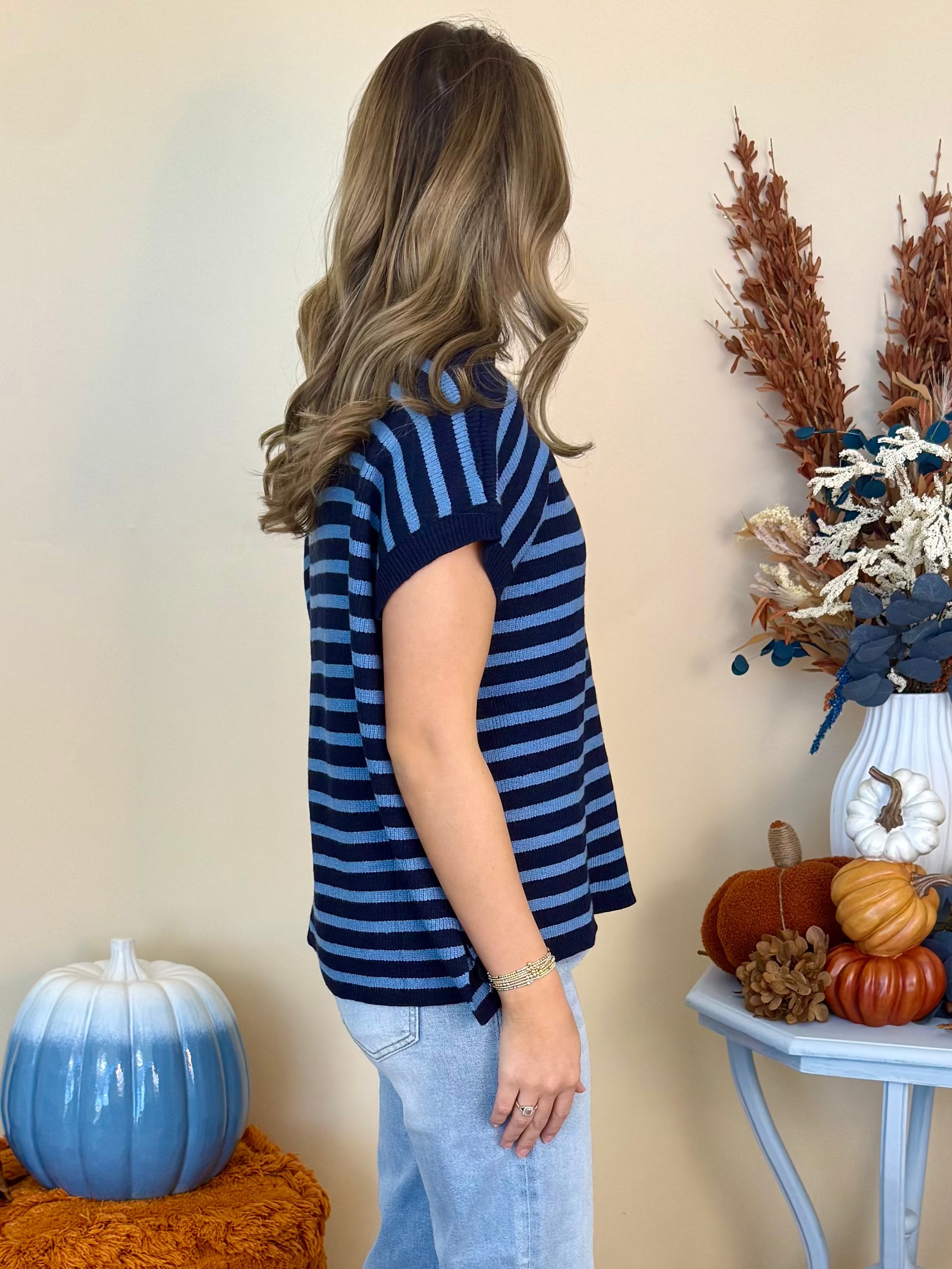 Front Porch Stories Navy Stripe Mock Neck Knit Sweater-Shop-Womens-Boutique-Clothing