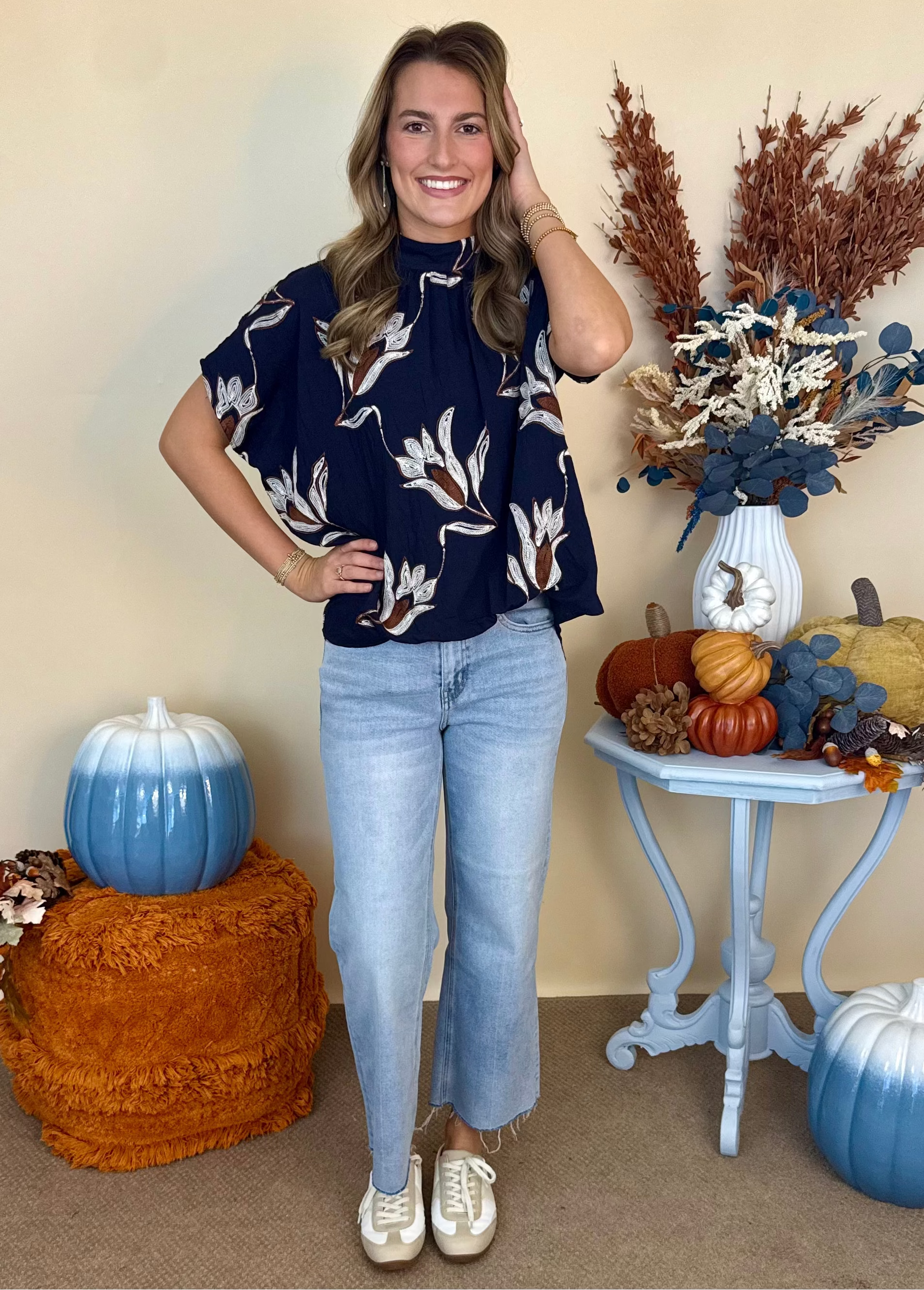 Rooftop Views Midnight Floral Gathered High Collar Top-Shop-Womens-Boutique-Clothing
