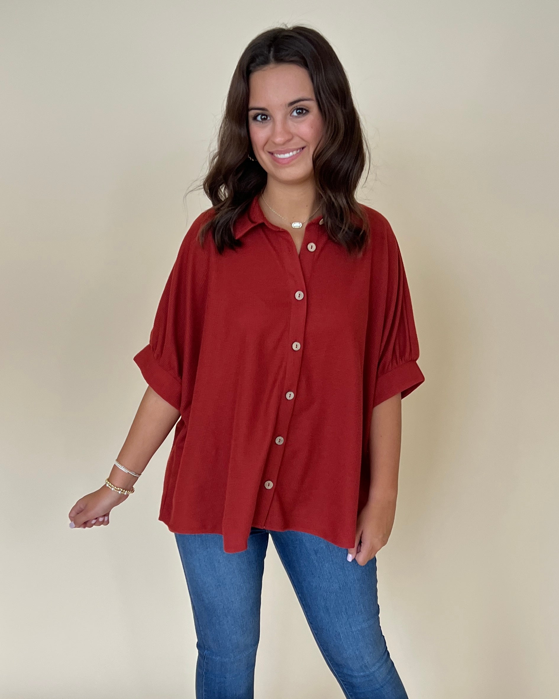 Let Loose Rust Waffle Button Down Top-Shop-Womens-Boutique-Clothing