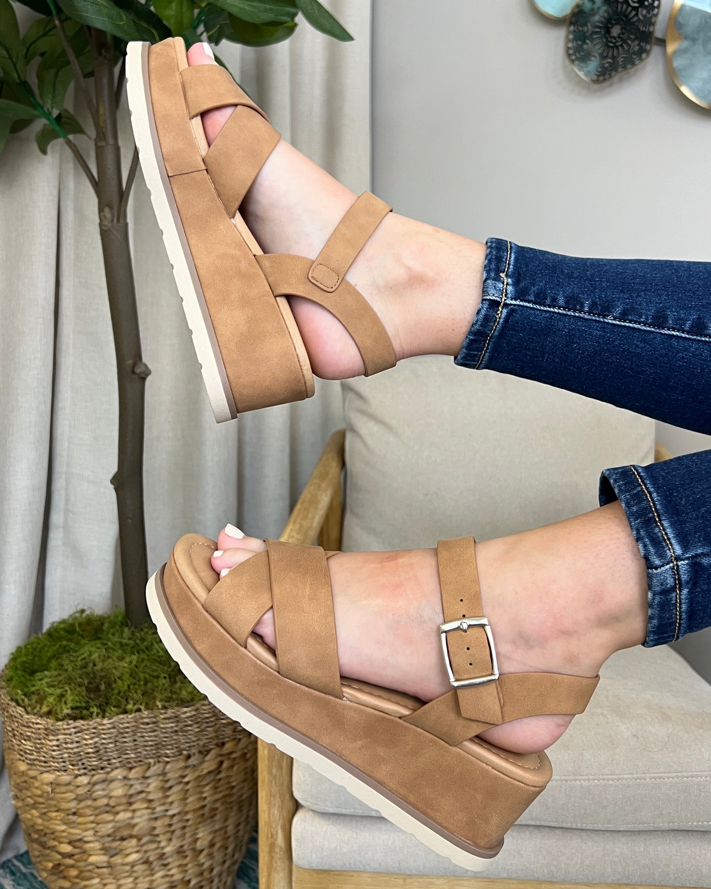 Paisley Tan Suede Cross Strap Platform Wedges-Shop-Womens-Boutique-Clothing