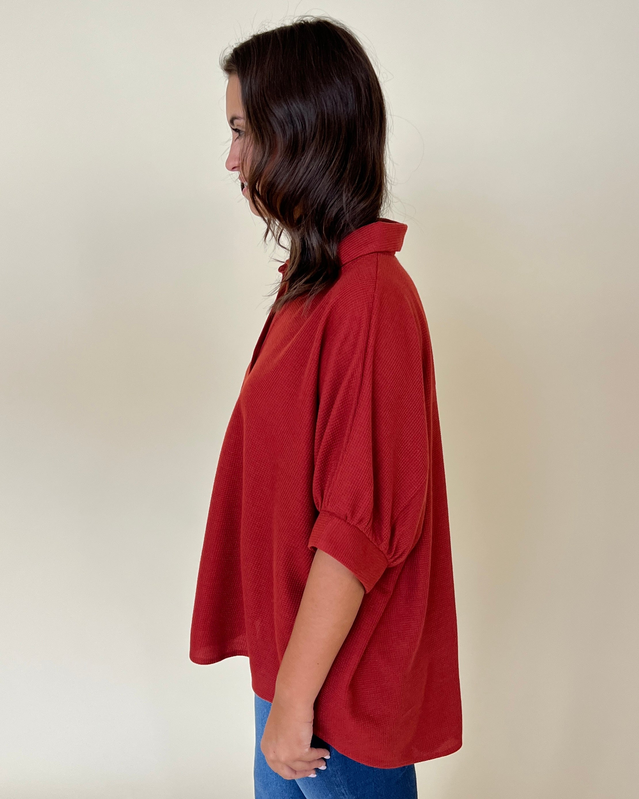 Let Loose Rust Waffle Button Down Top-Shop-Womens-Boutique-Clothing