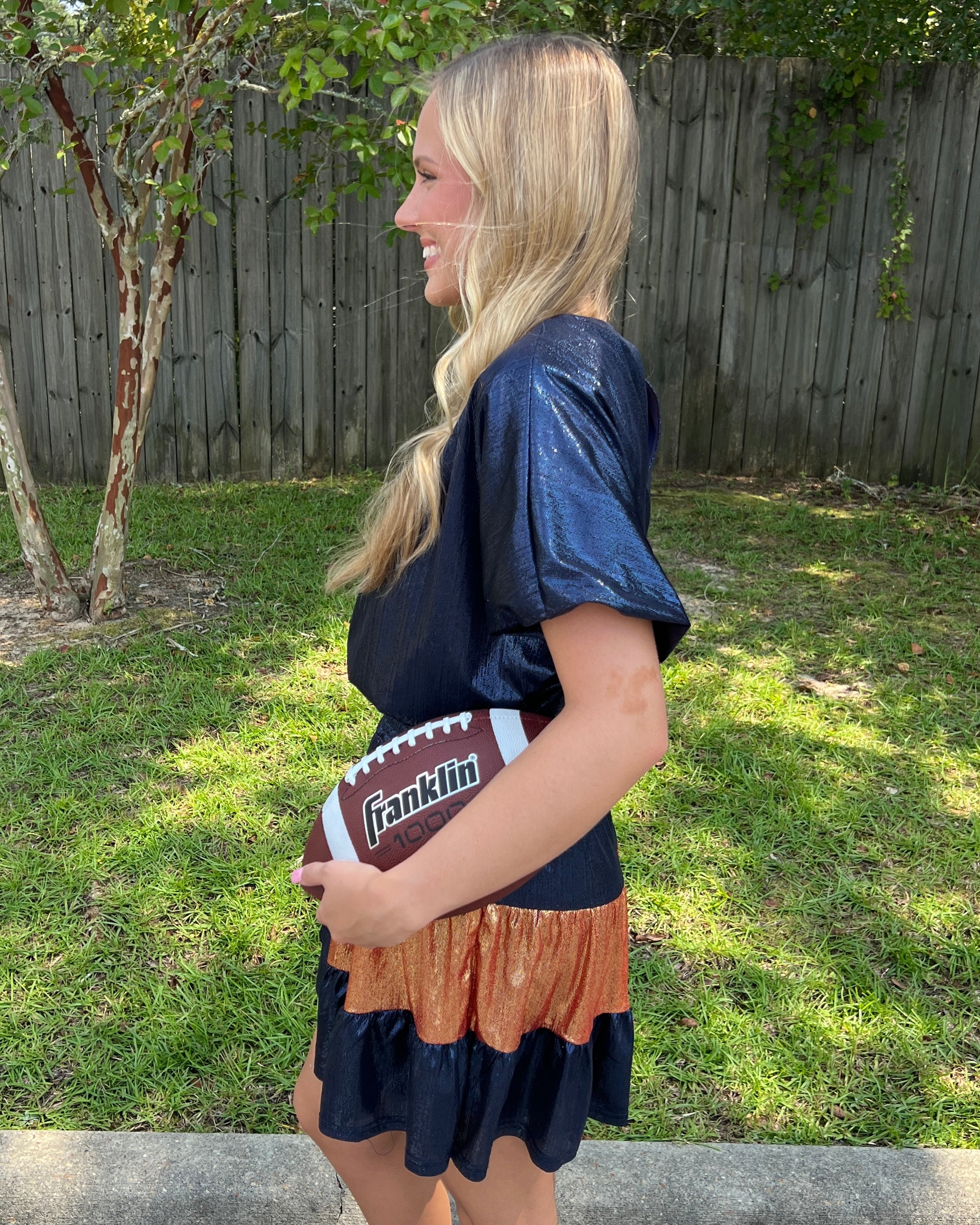 Ready To Tailgate Navy Metallic Stripe Smocked Dress-Shop-Womens-Boutique-Clothing