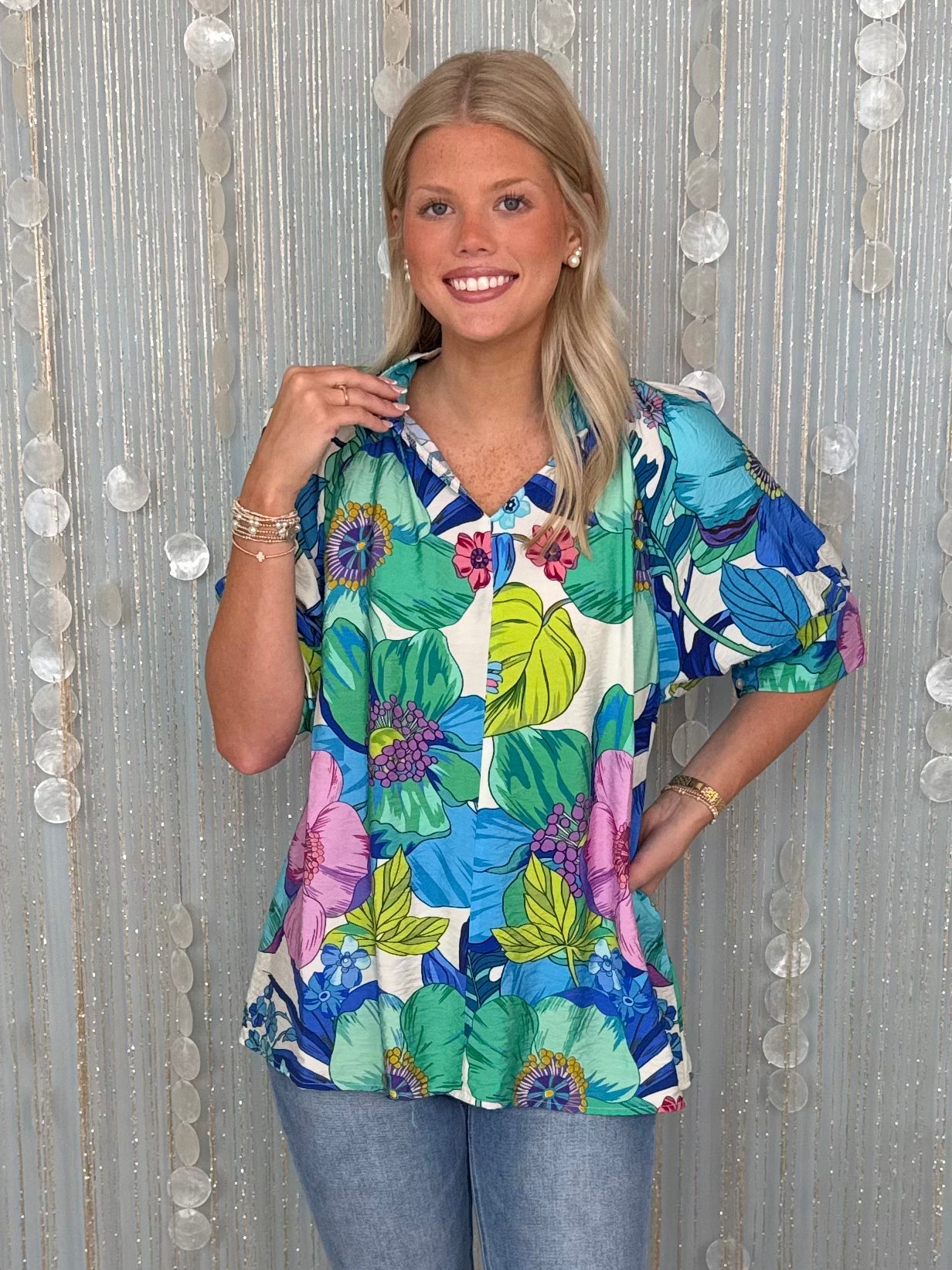 Great Expectations Royal Mix Floral Half Sleeve Top-Shop-Womens-Boutique-Clothing