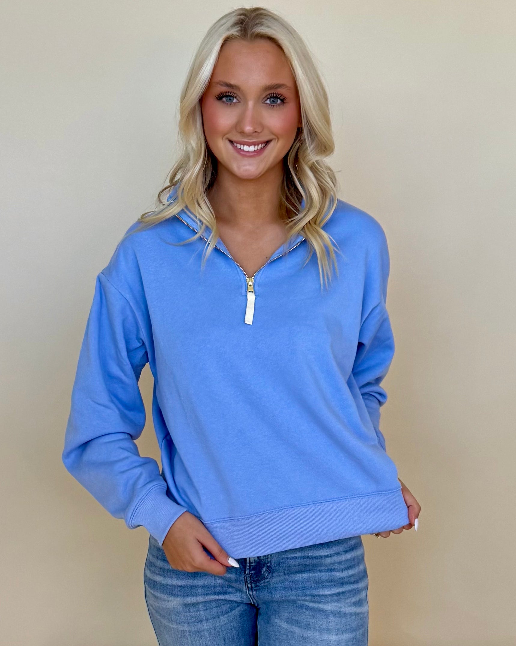 Daily Wear Spring Blue Zip Sweatshirt-Shop-Womens-Boutique-Clothing