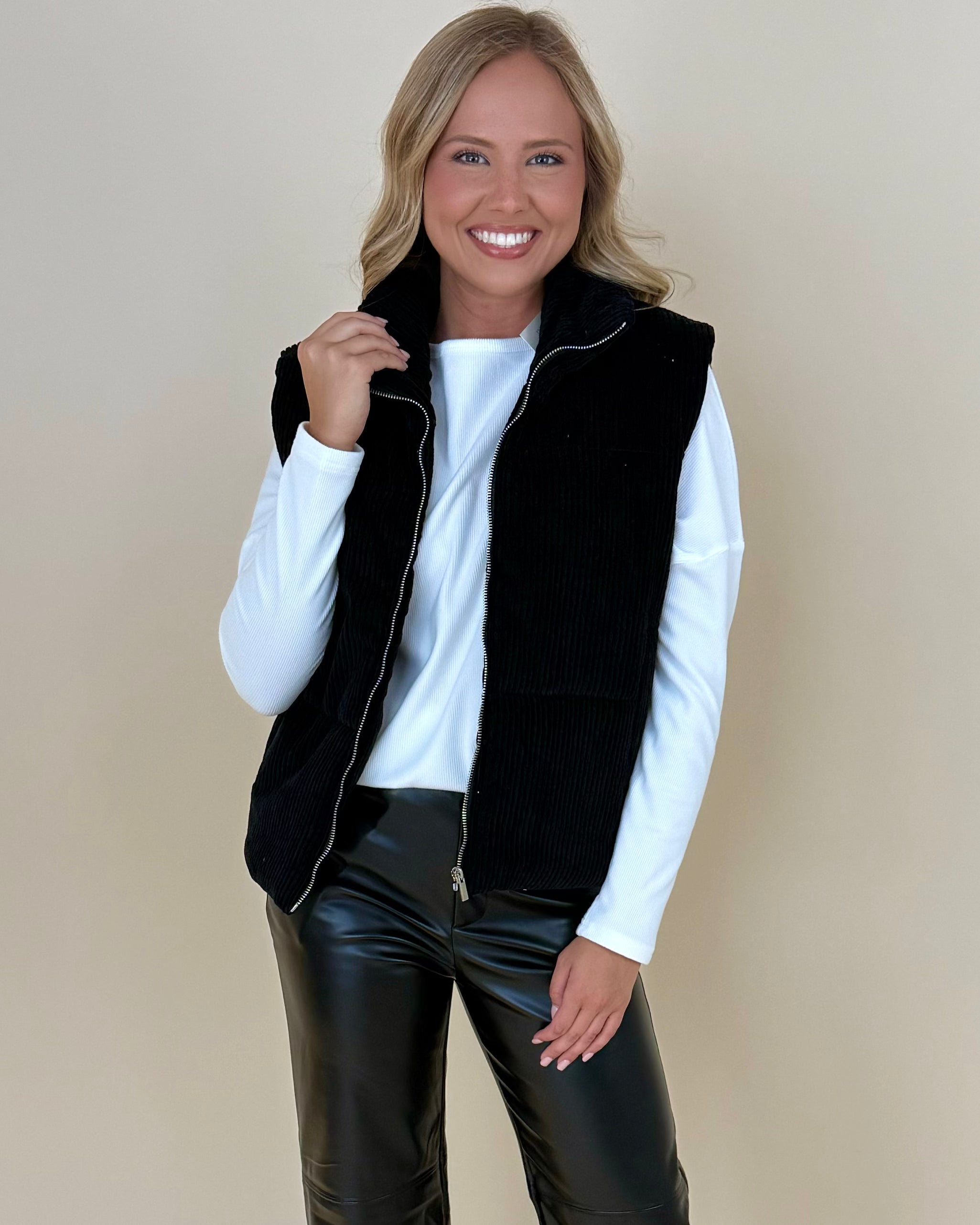 Winter Comfort Black Corduroy Puffy Vest-Shop-Womens-Boutique-Clothing