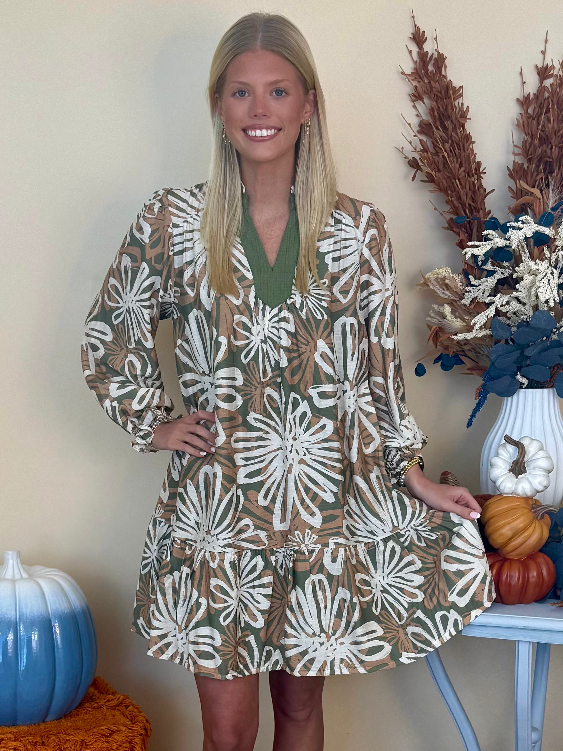 London Charm Sage Floral Ruffled Neck Dress-Shop-Womens-Boutique-Clothing