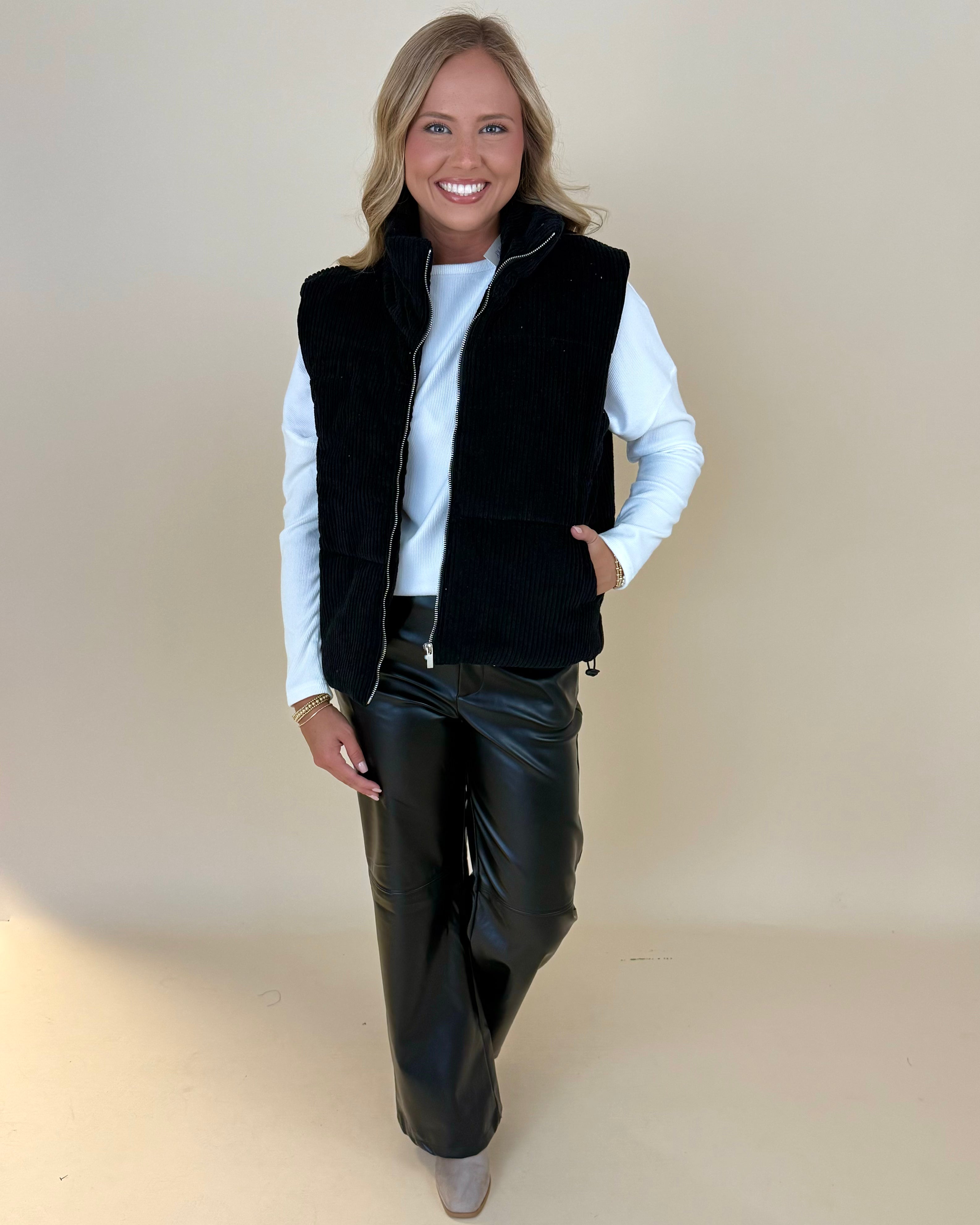 Winter Comfort Black Corduroy Puffy Vest-Shop-Womens-Boutique-Clothing