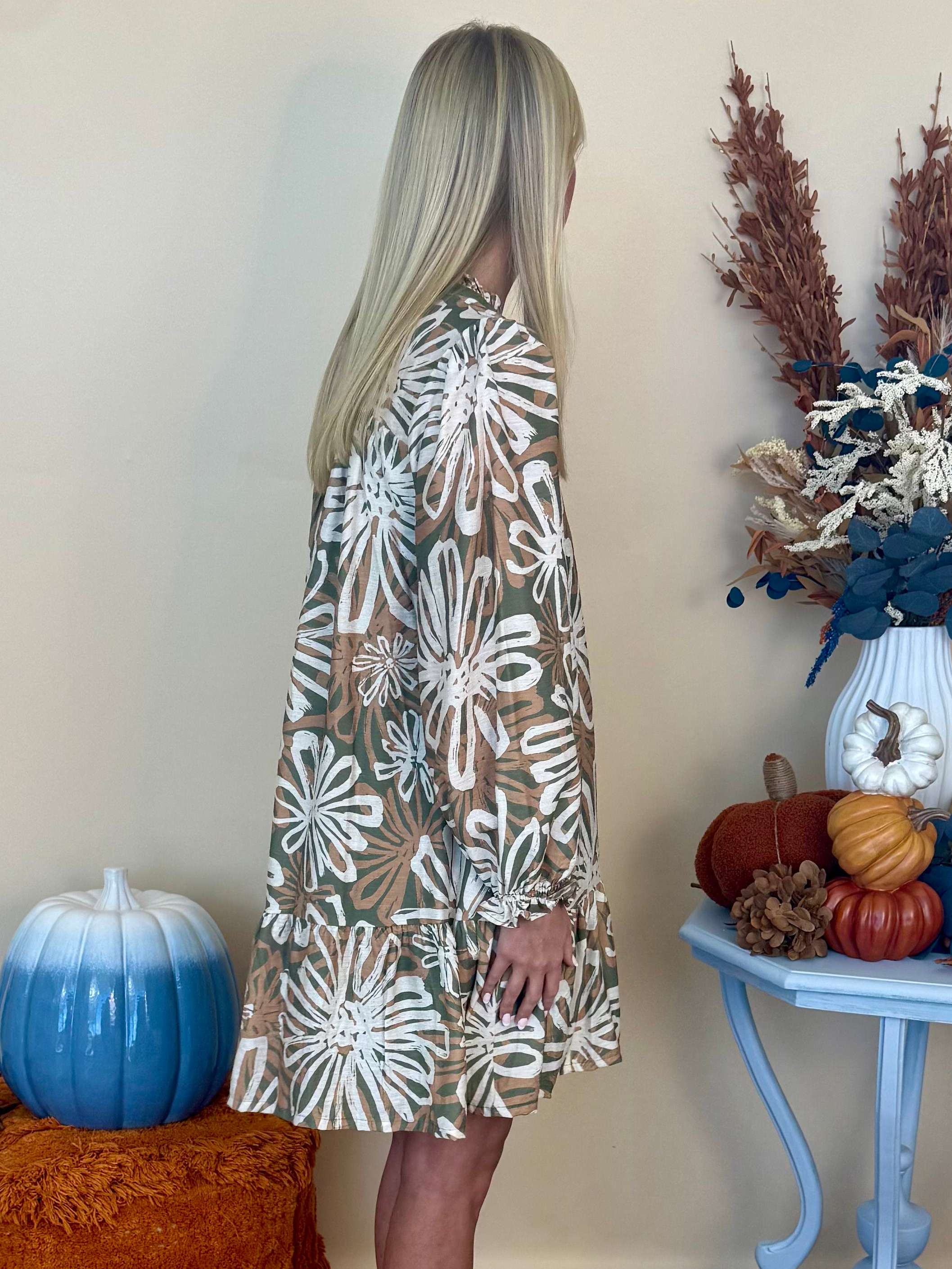 London Charm Sage Floral Ruffled Neck Dress-Shop-Womens-Boutique-Clothing
