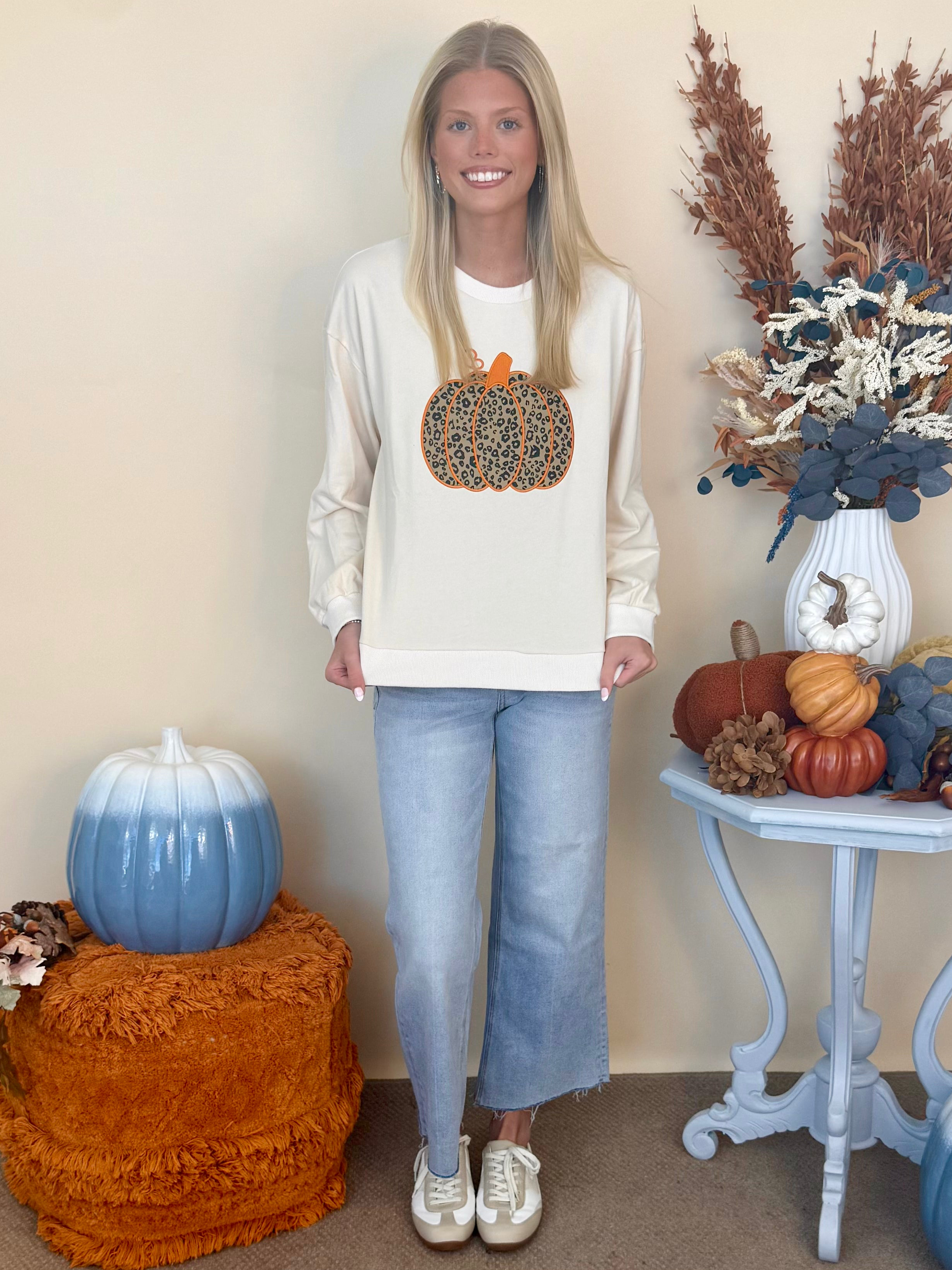 Pumpkin Please, Ivory Leopard Print Pumpkin Sweatshirt-Shop-Womens-Boutique-Clothing