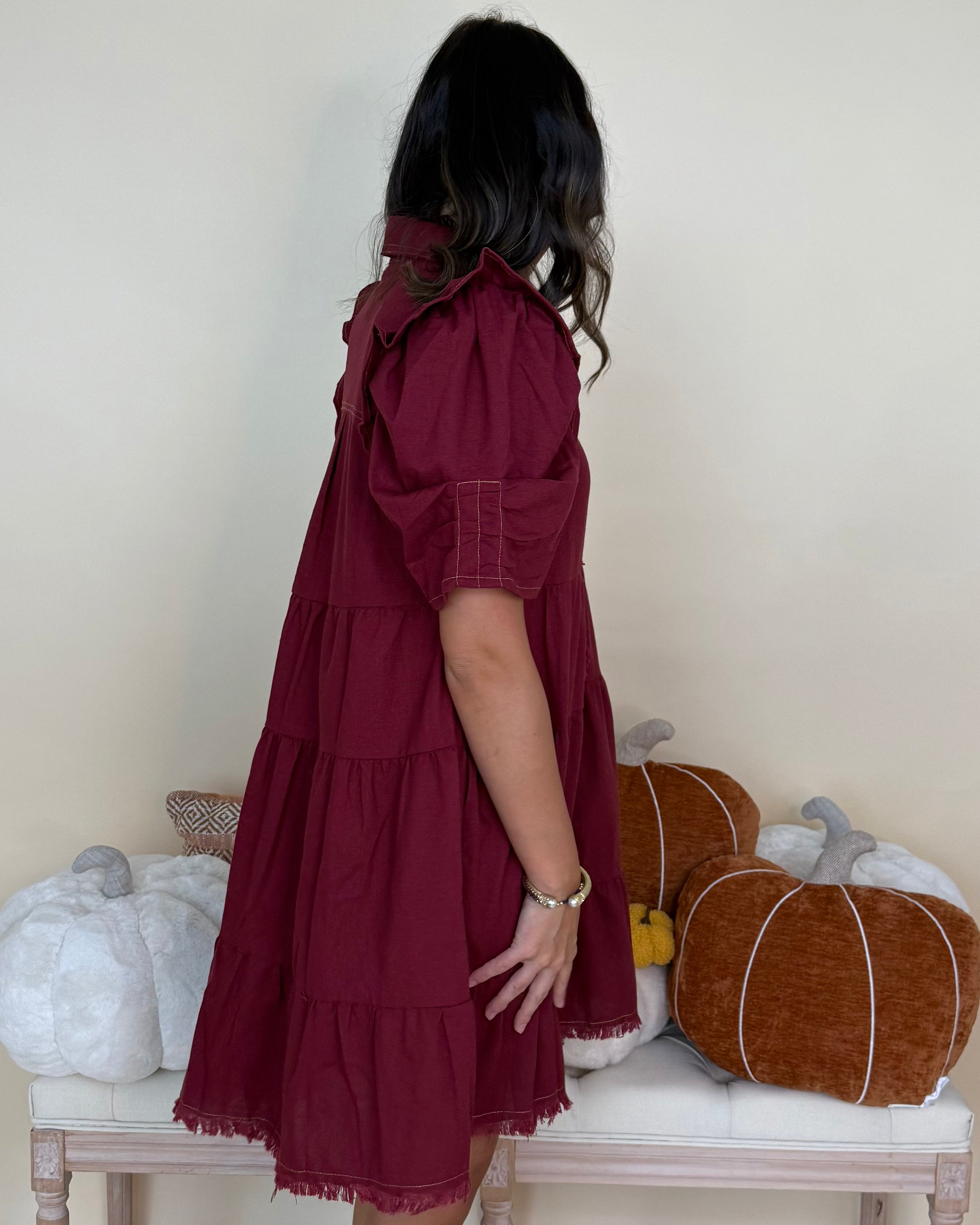 Starlit Skies Burgundy Button Frayed Dress-Shop-Womens-Boutique-Clothing