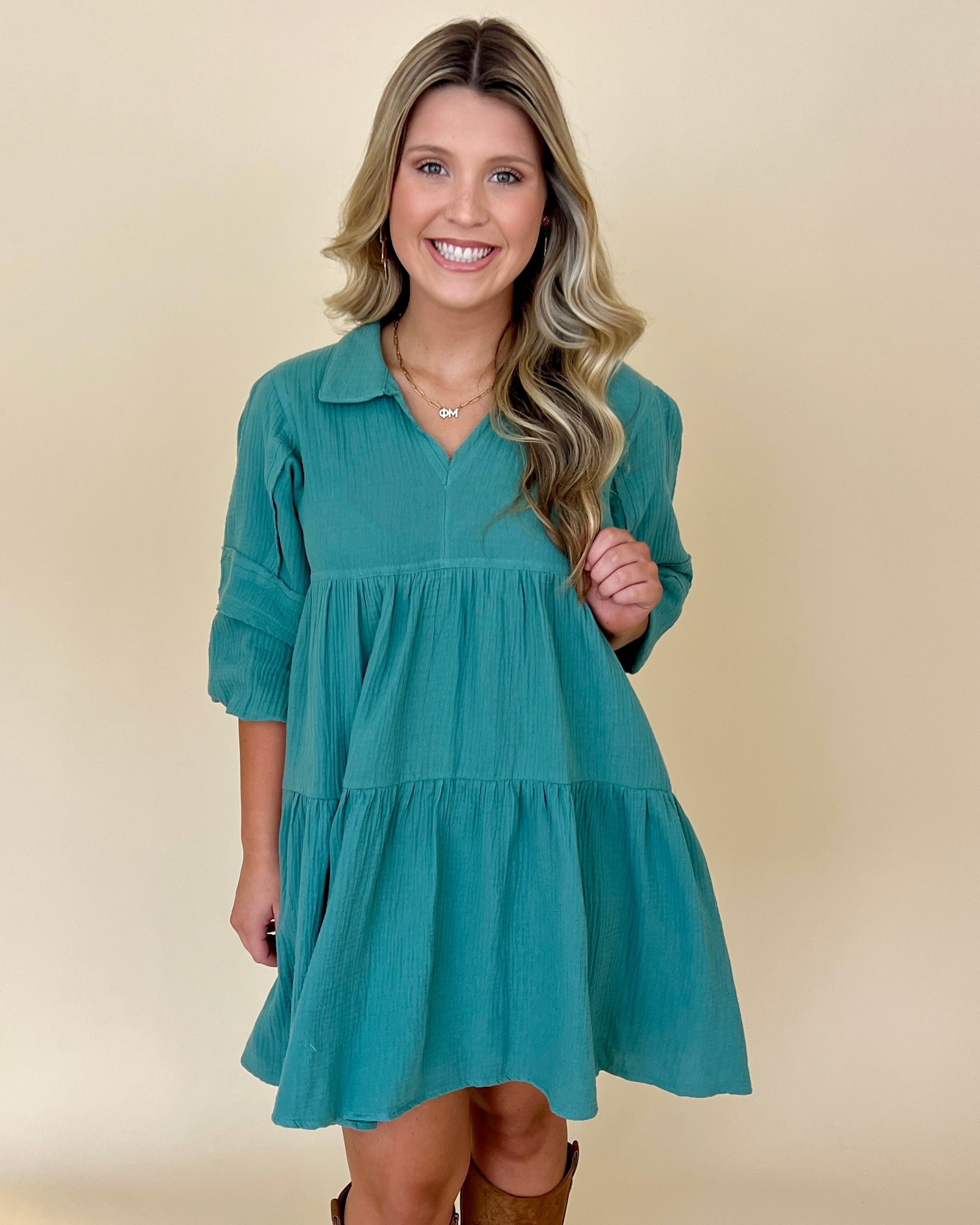Cherish This Teal Green Split Neck Collared Dress-Shop-Womens-Boutique-Clothing