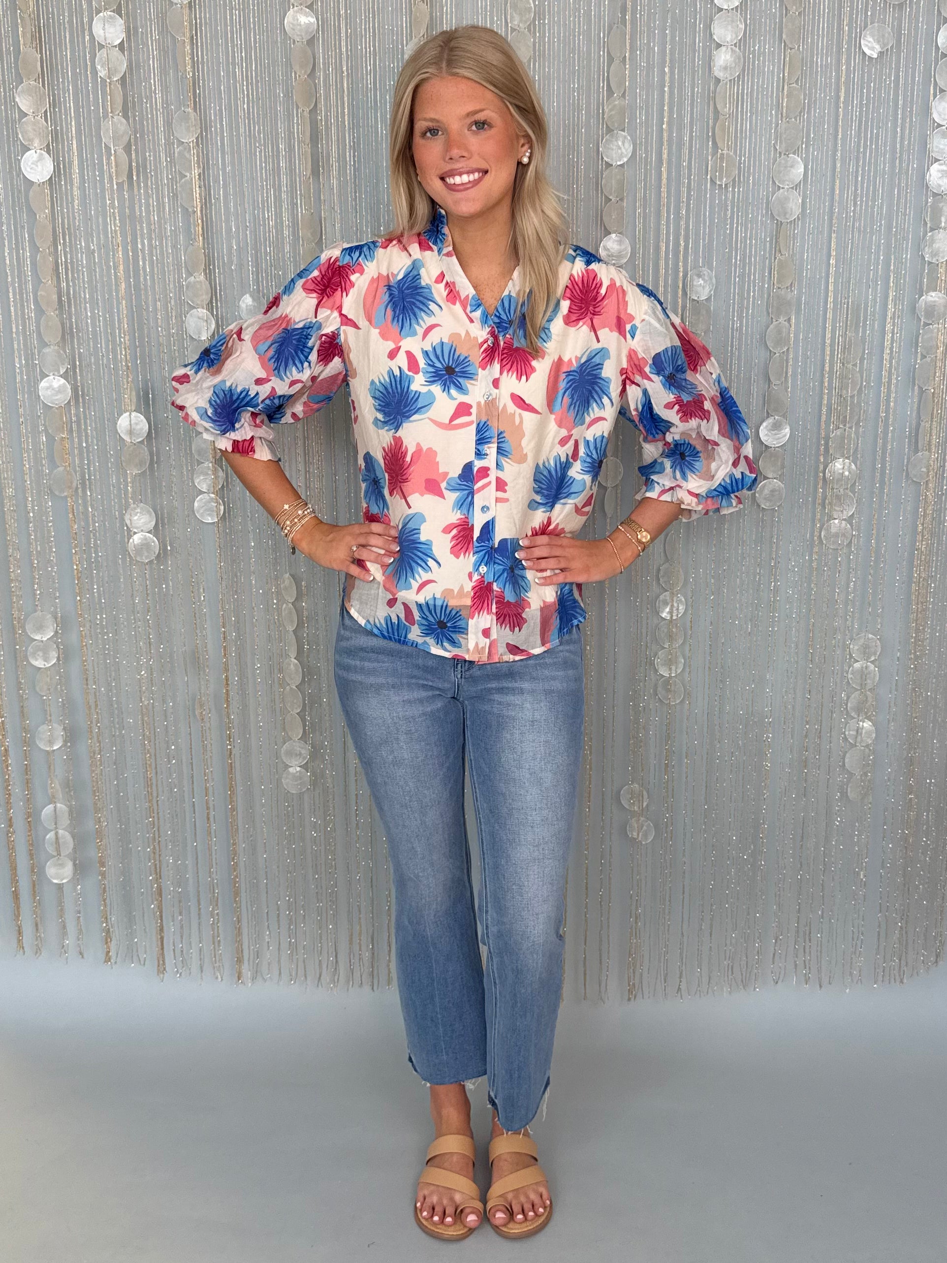 Good Life Blue Mix Floral Printed Button Top-Shop-Womens-Boutique-Clothing