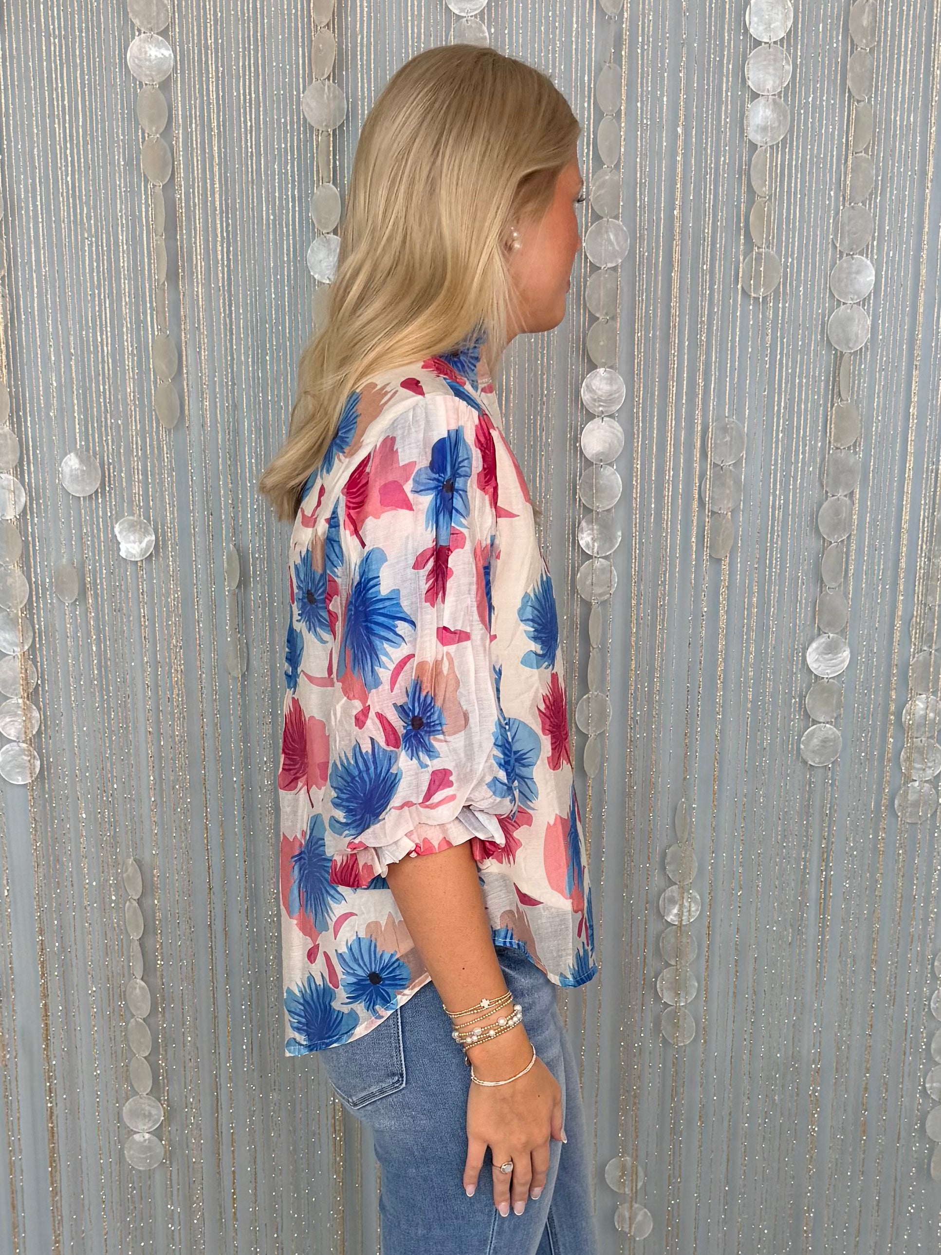 Good Life Blue Mix Floral Printed Button Top-Shop-Womens-Boutique-Clothing