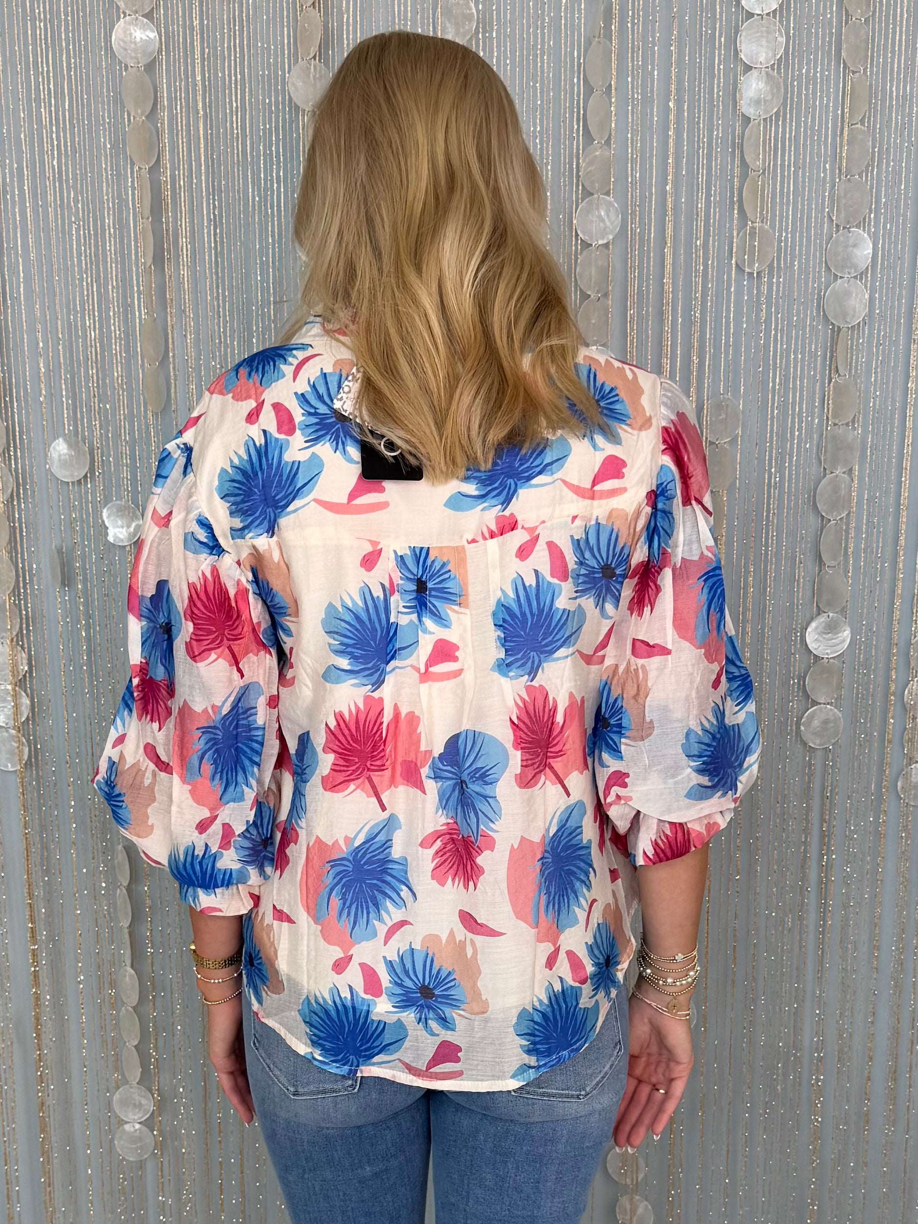 Good Life Blue Mix Floral Printed Button Top-Shop-Womens-Boutique-Clothing
