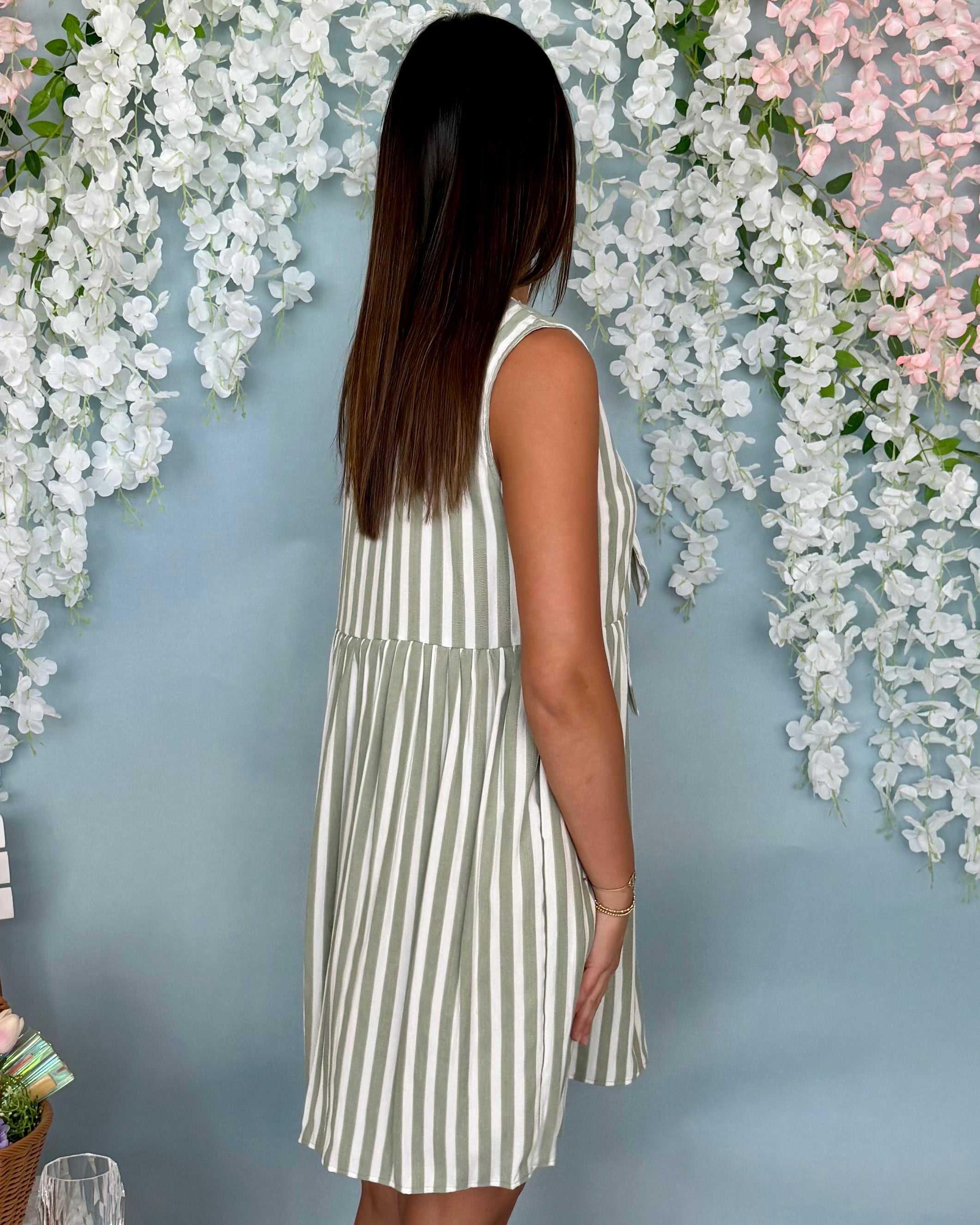 Uptown Way Sage Striped Bow Dress-Shop-Womens-Boutique-Clothing