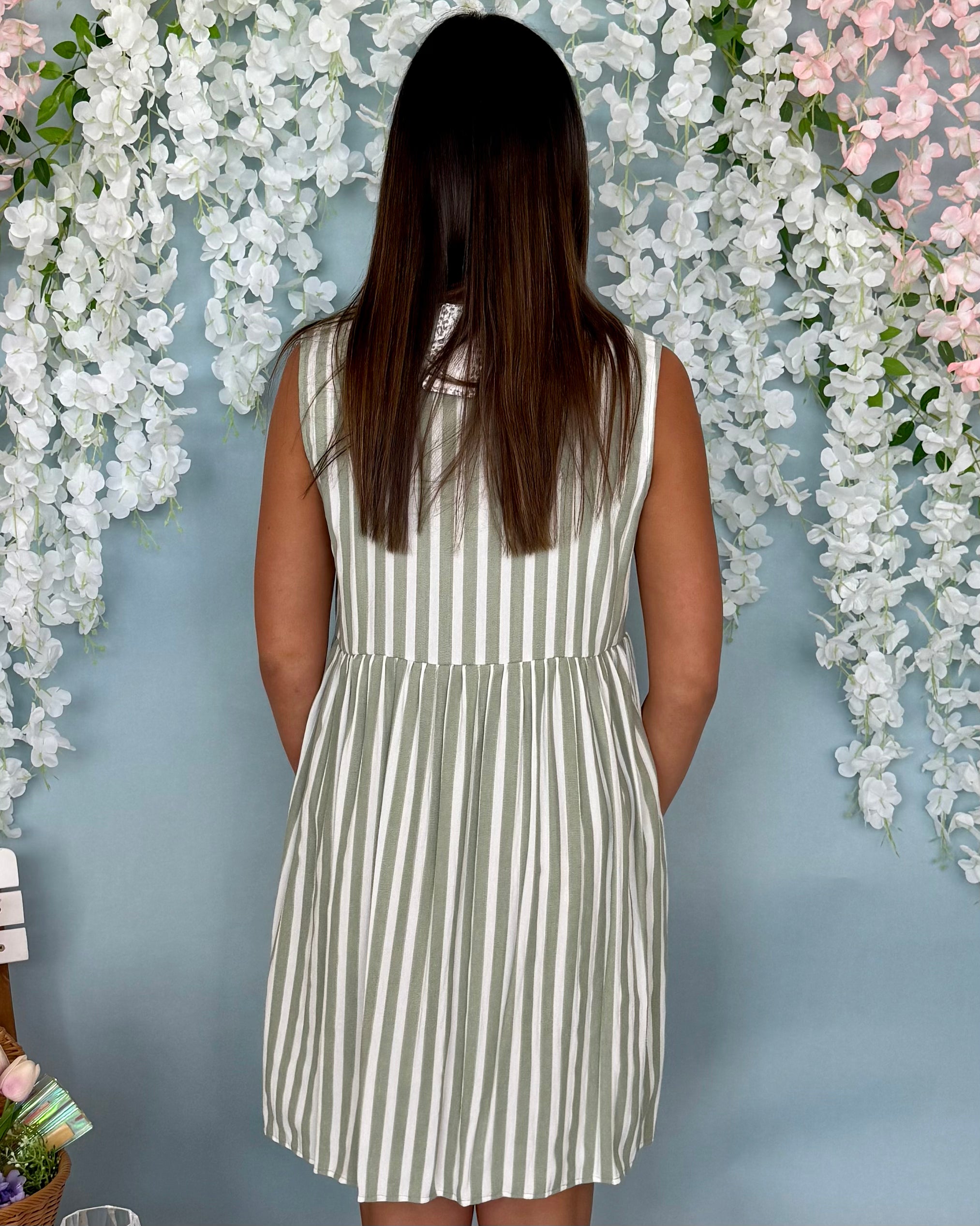 Uptown Way Sage Striped Bow Dress-Shop-Womens-Boutique-Clothing
