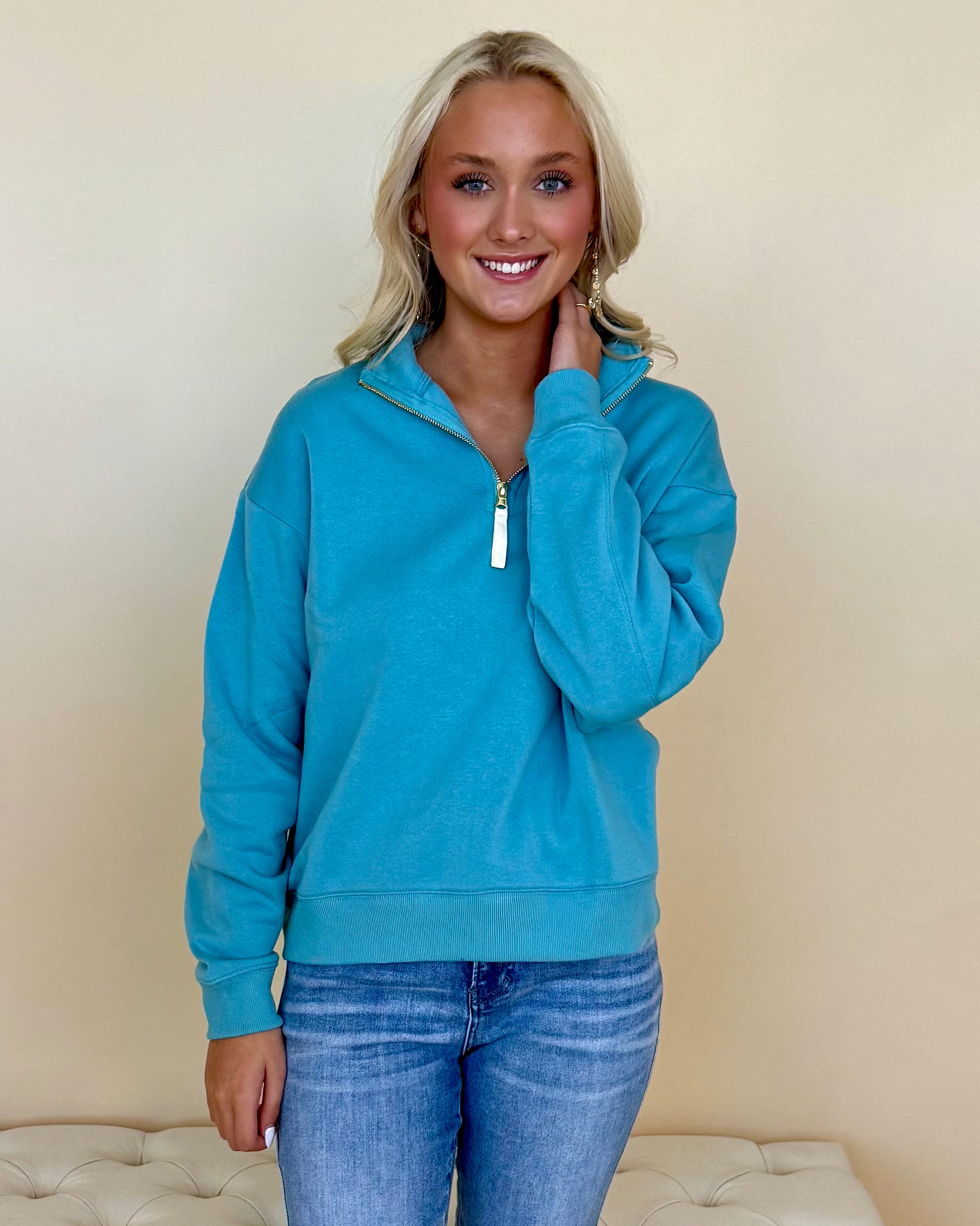 Daily Wear Teal Zip Sweatshirt-Shop-Womens-Boutique-Clothing
