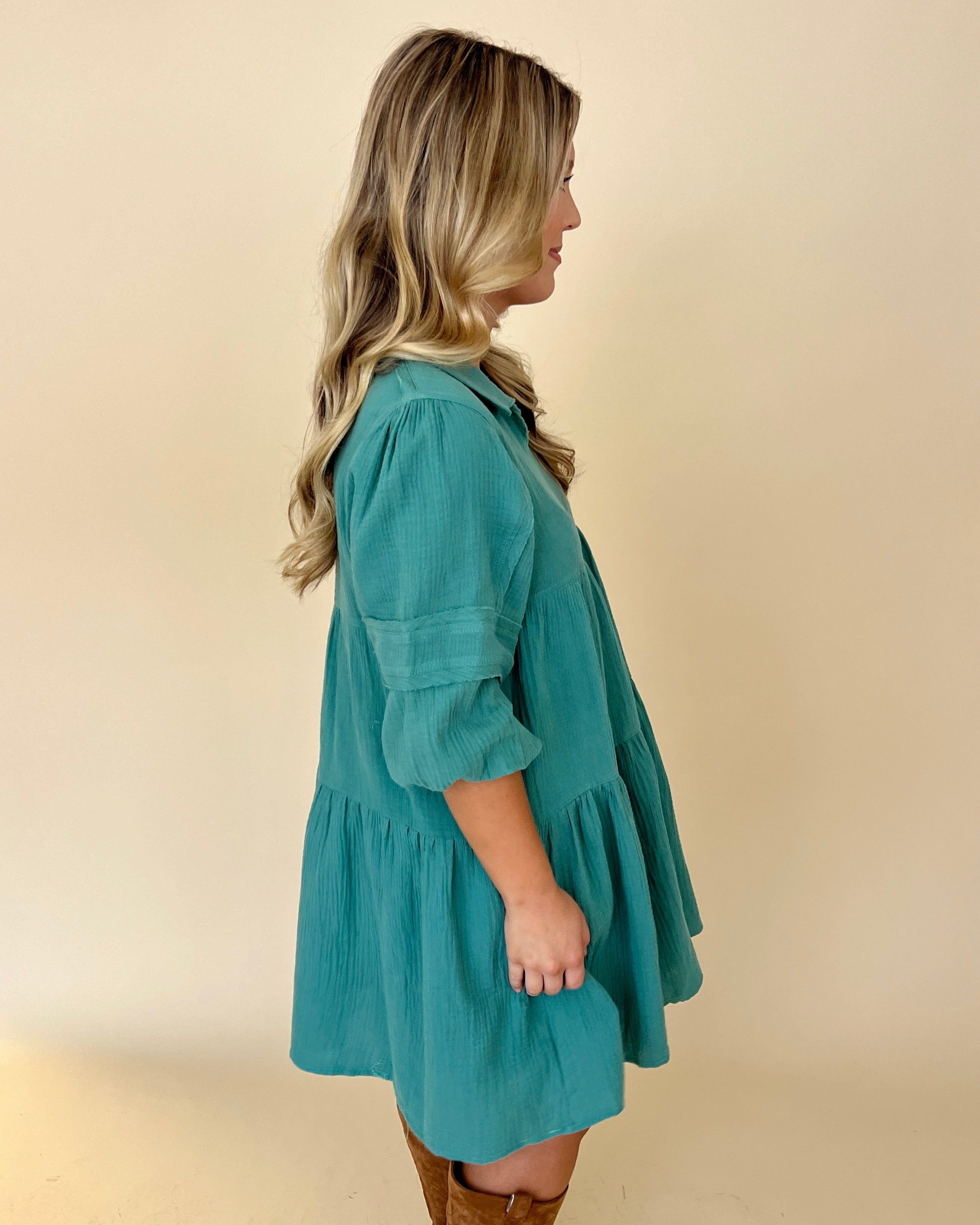Cherish This Teal Green Split Neck Collared Dress-Shop-Womens-Boutique-Clothing