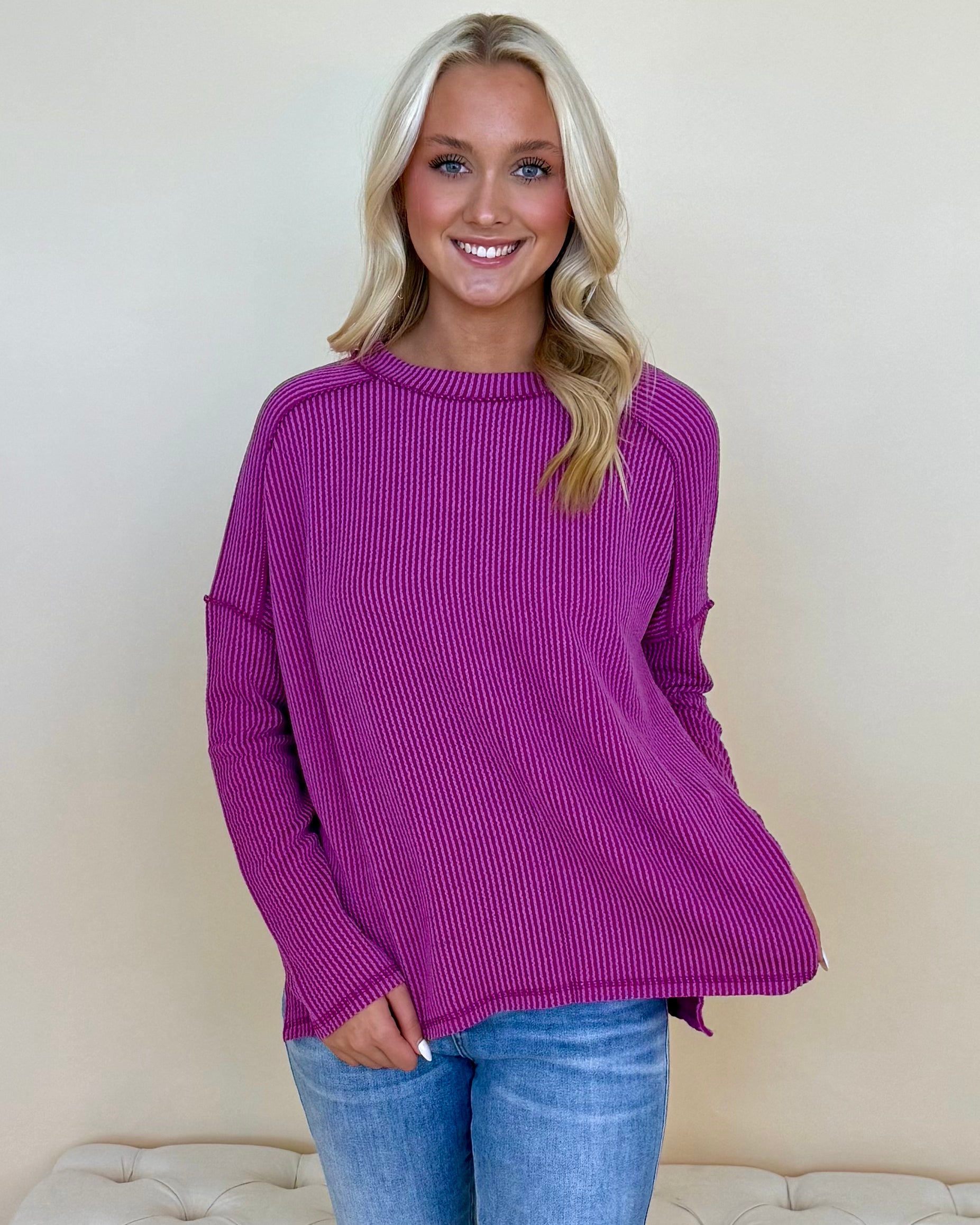 Relaxed Plum Rib Raw Edge Top-Shop-Womens-Boutique-Clothing