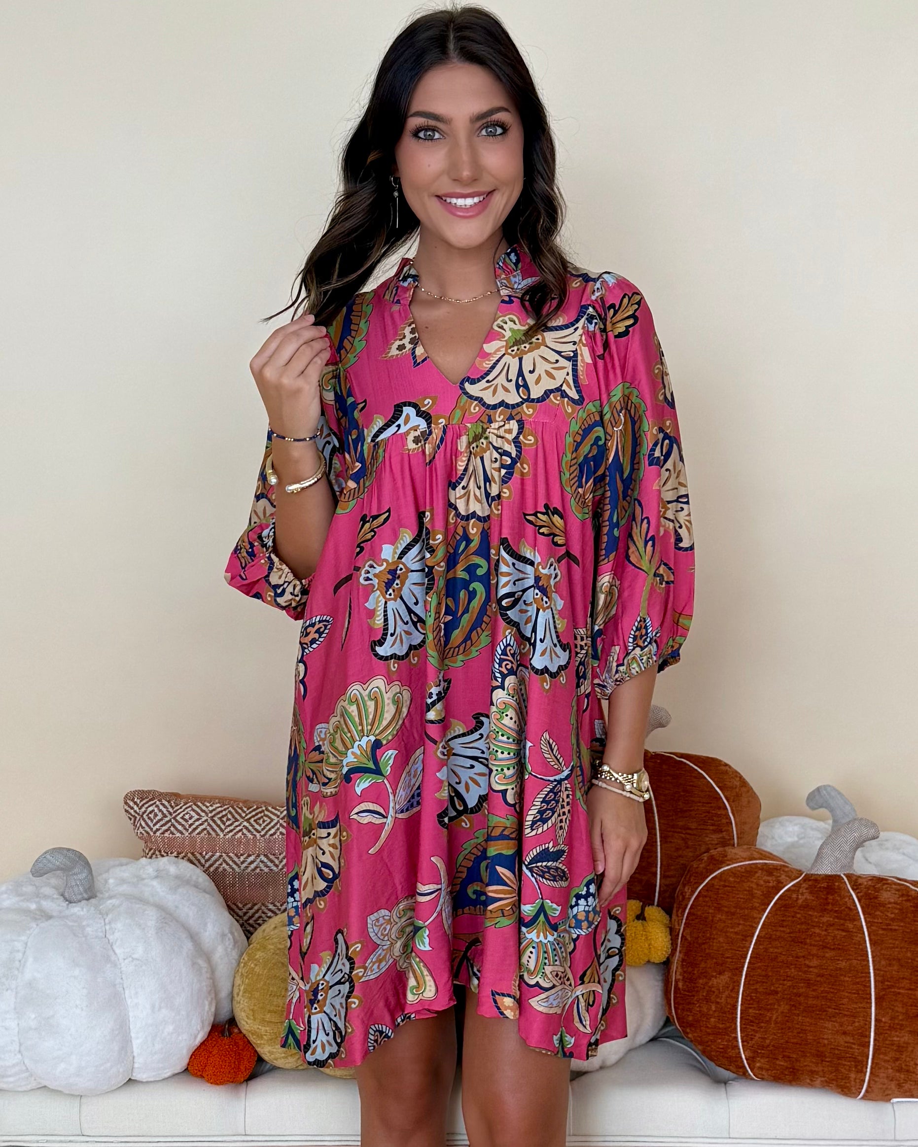 Autumn Breeze Pink Abstract Ruffle Dress-Shop-Womens-Boutique-Clothing