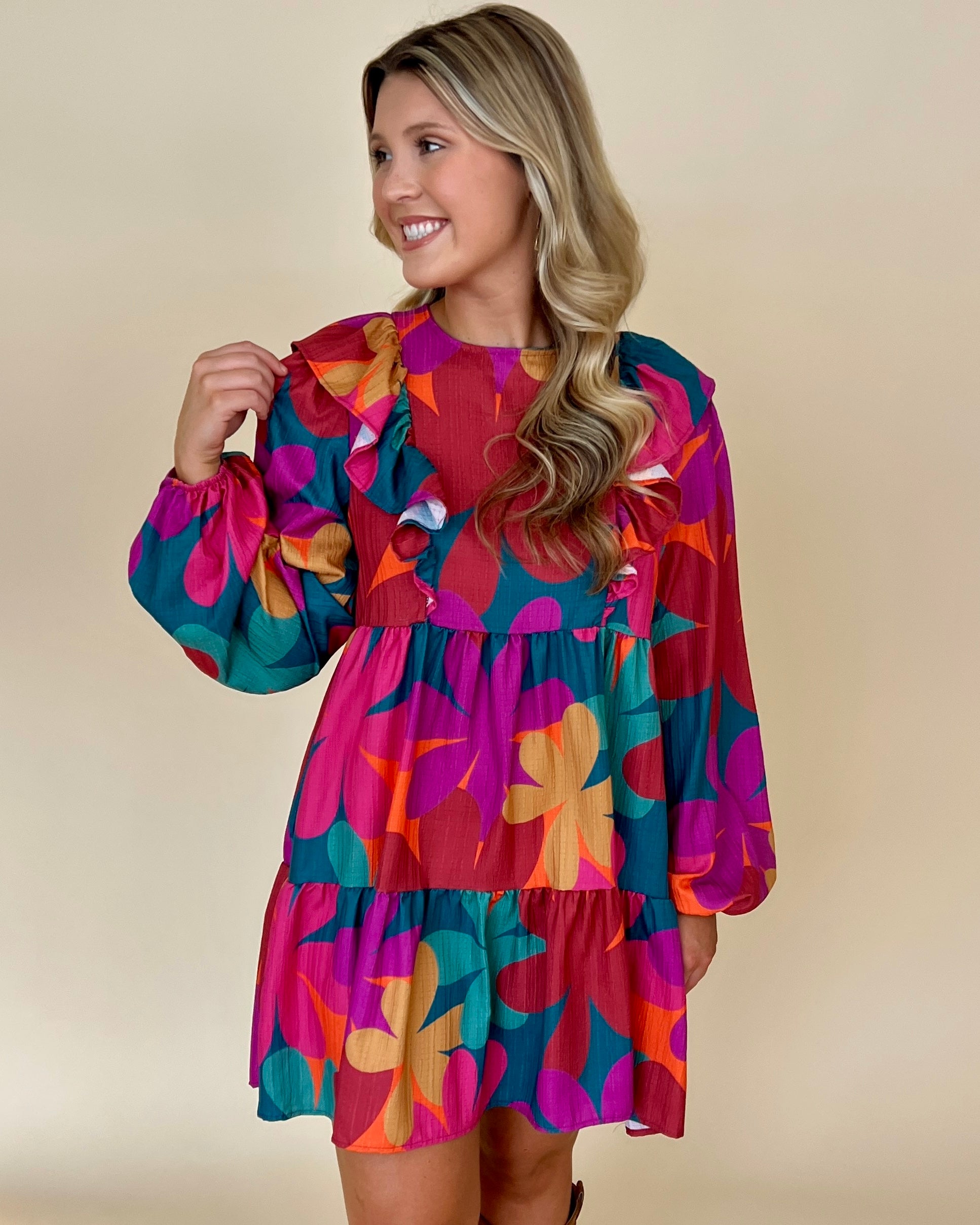 Picking Petals Pink/Teal Multi Floral Print Dress-Shop-Womens-Boutique-Clothing