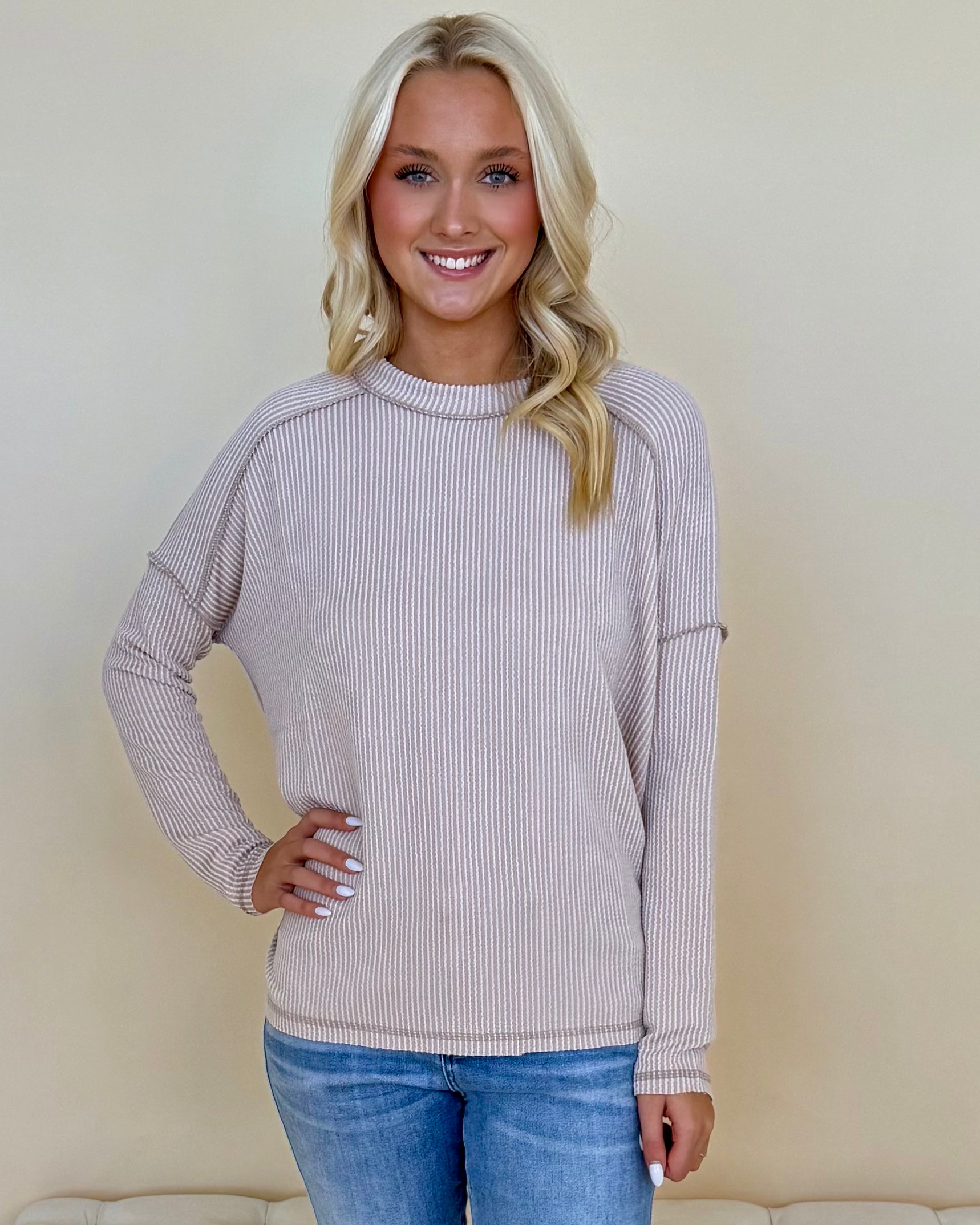 Relaxed Mocha Raised Rib Raw Edge Top-Shop-Womens-Boutique-Clothing