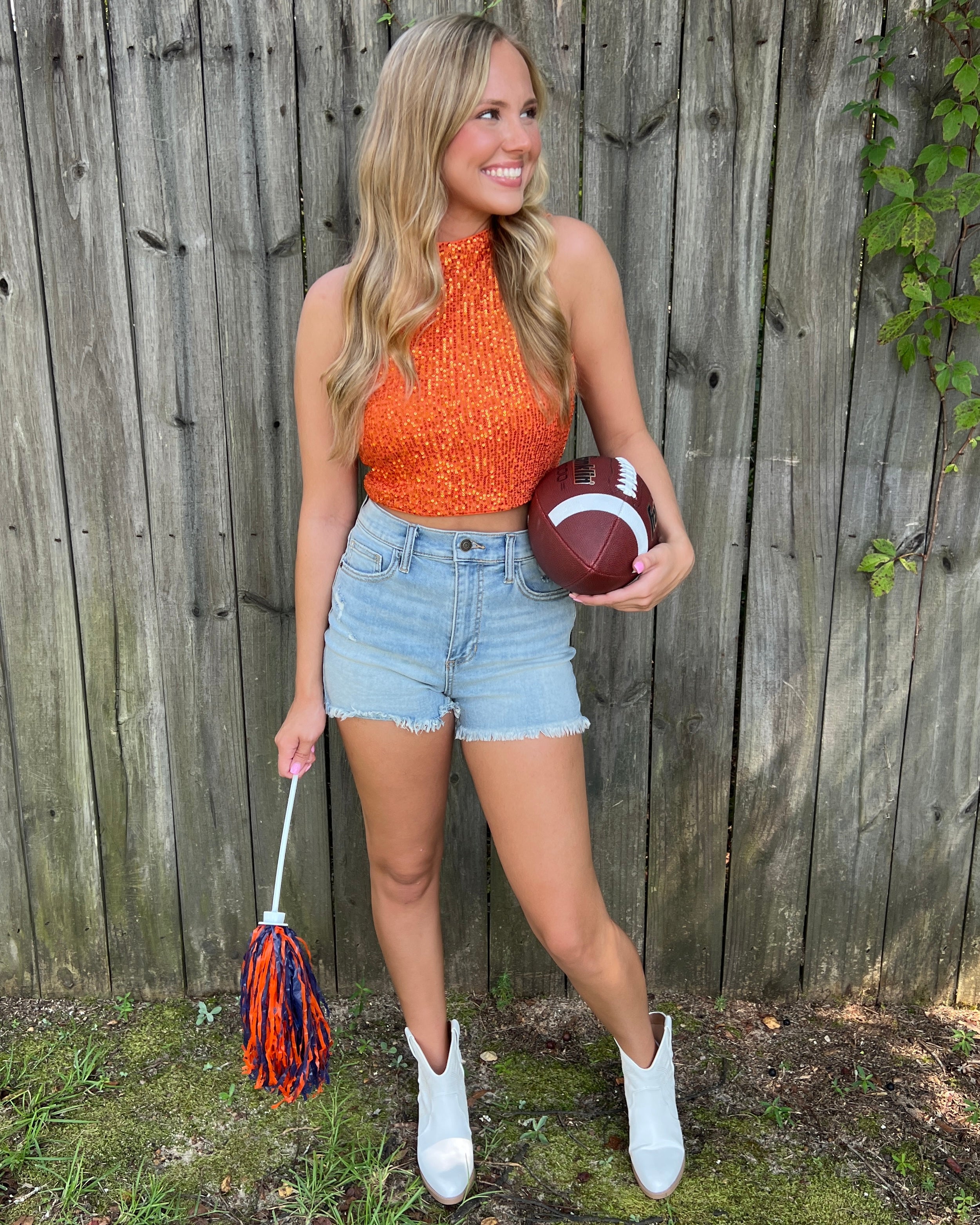 Extra Points Orange Sequin Mock Neck Crop Top-Shop-Womens-Boutique-Clothing