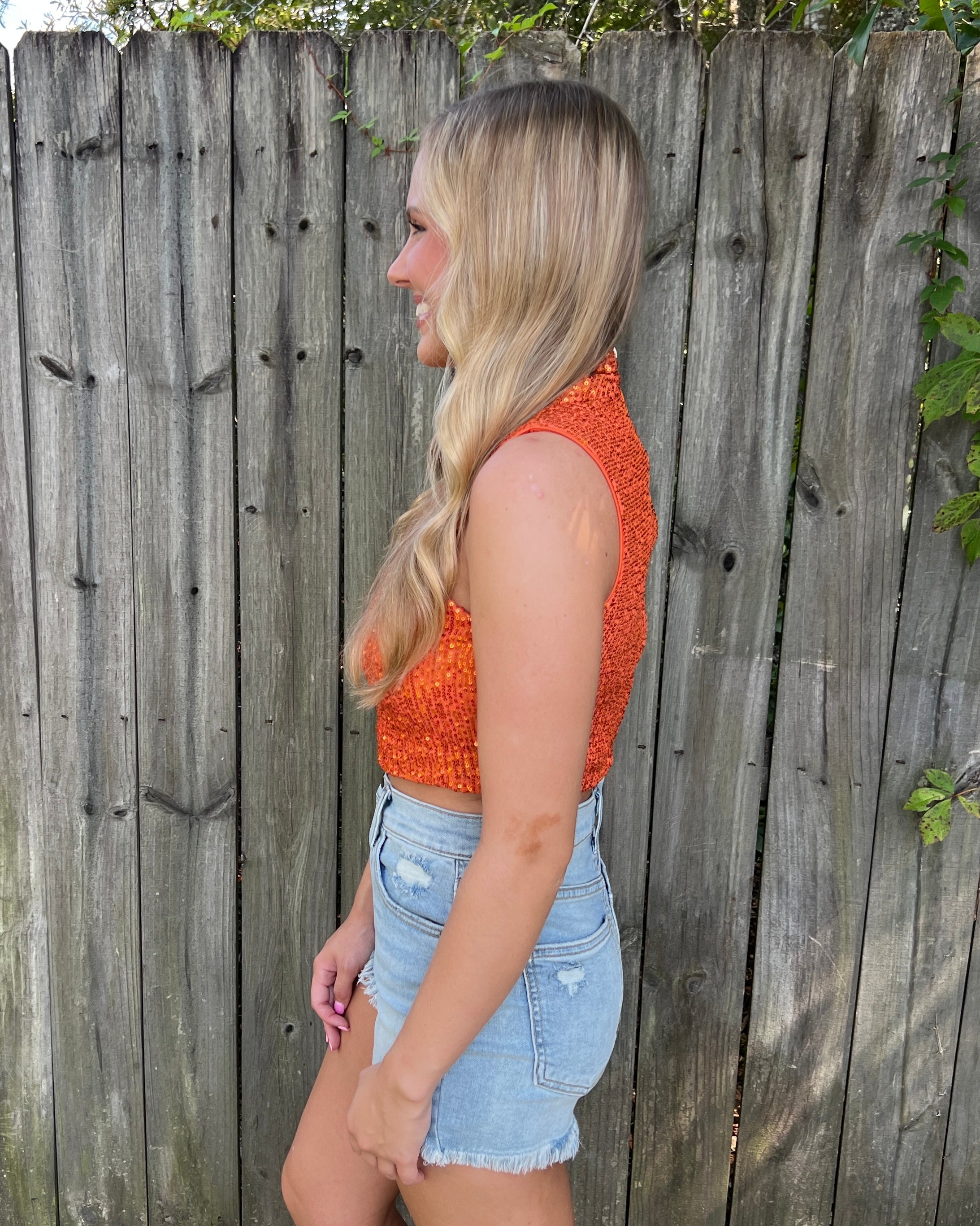 Extra Points Orange Sequin Mock Neck Crop Top-Shop-Womens-Boutique-Clothing