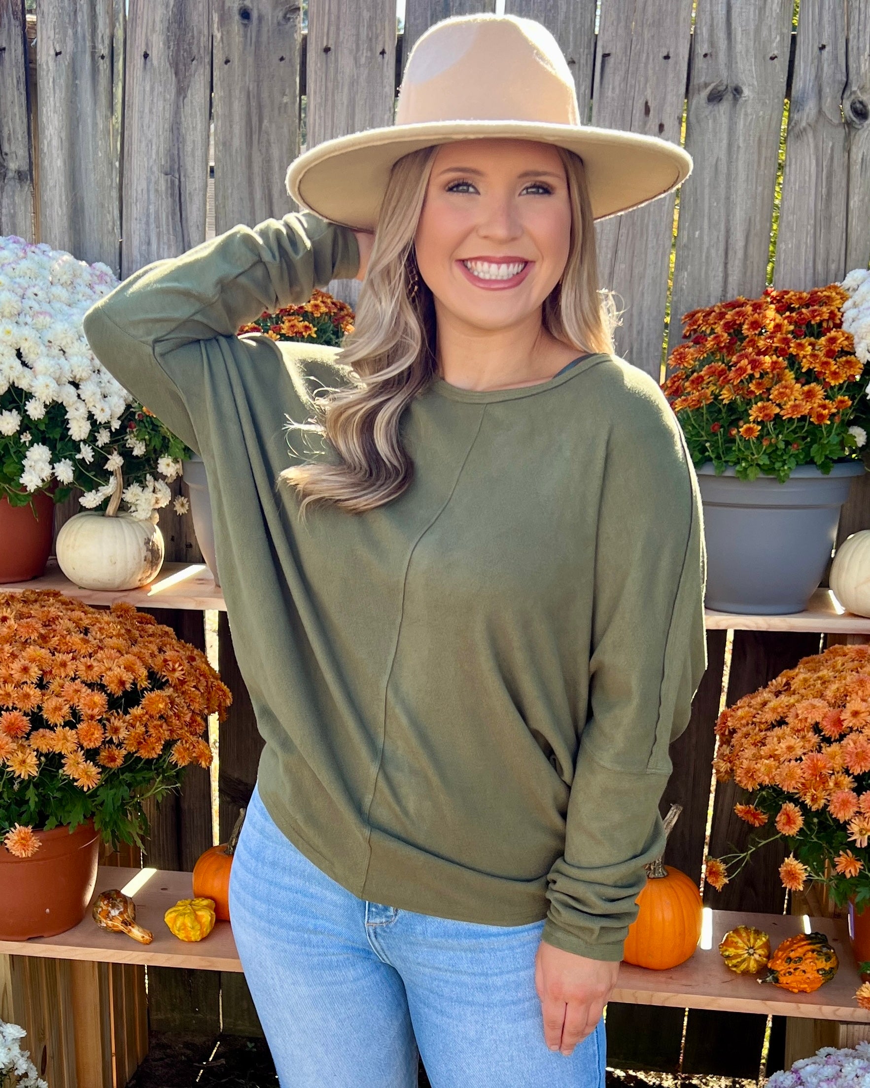 Never Left Olive Brushed Seam Top-Shop-Womens-Boutique-Clothing