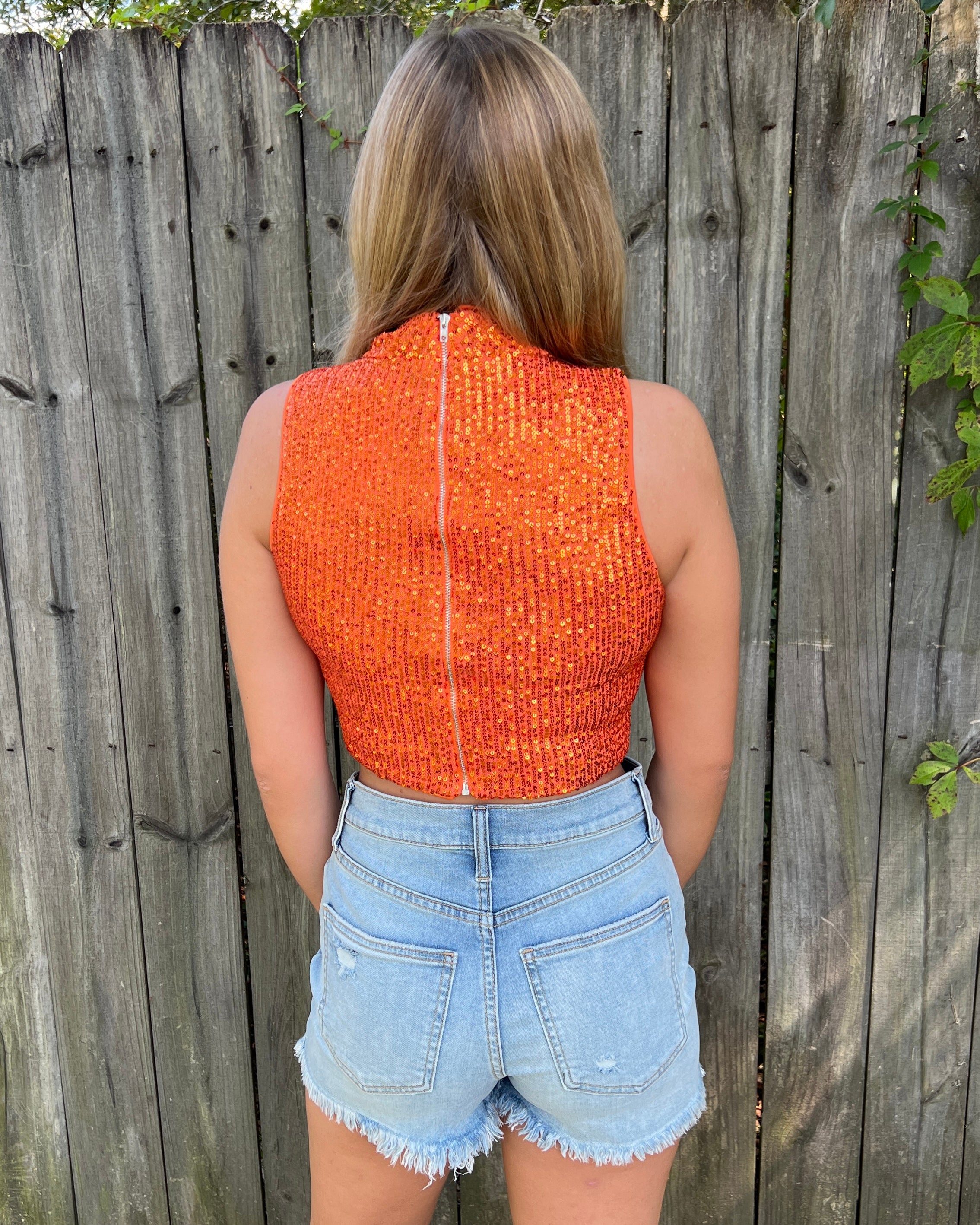 Extra Points Orange Sequin Mock Neck Crop Top-Shop-Womens-Boutique-Clothing