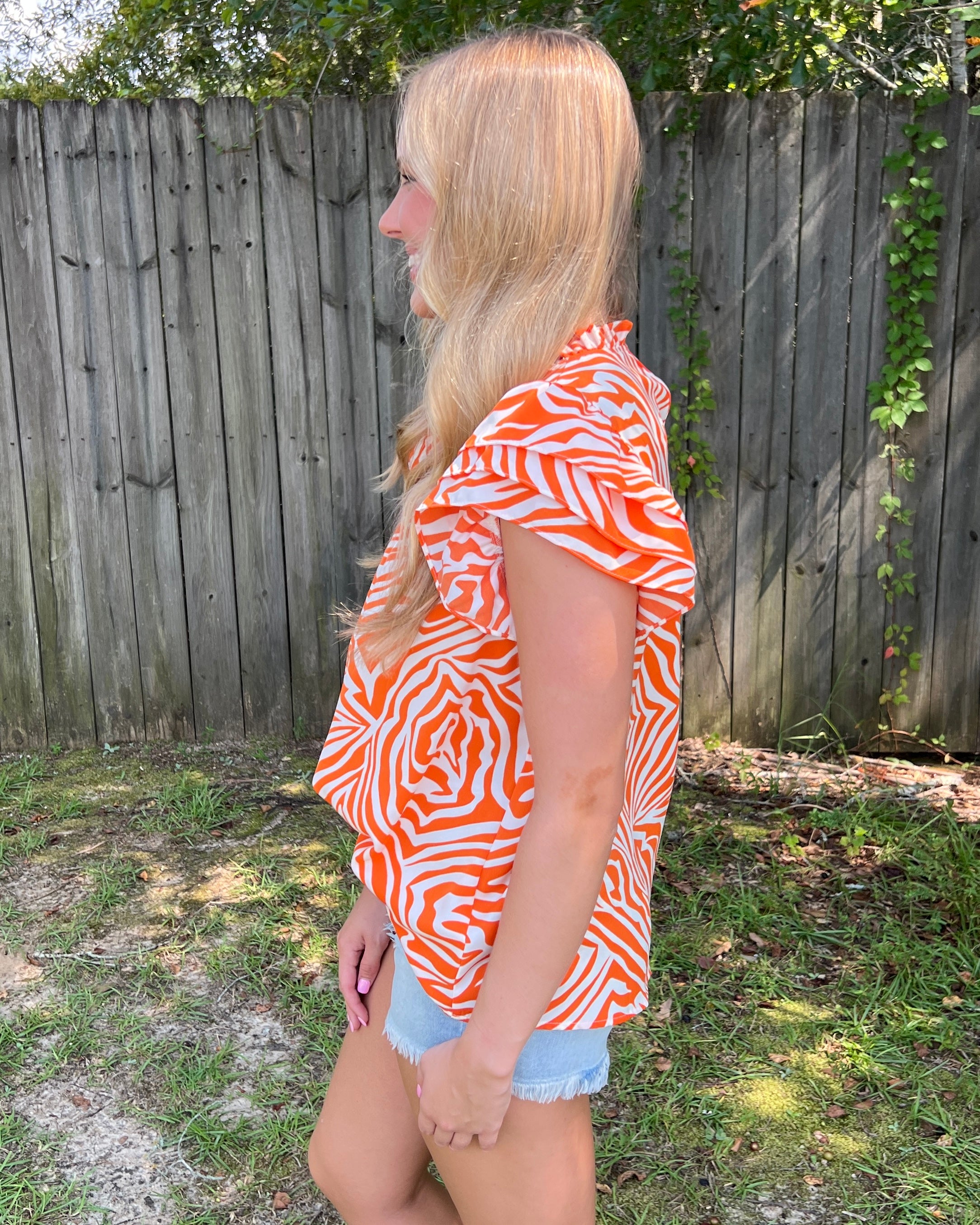 Ready To Go Orange Zebra High Neck Ruffle Sleeve Top-Shop-Womens-Boutique-Clothing