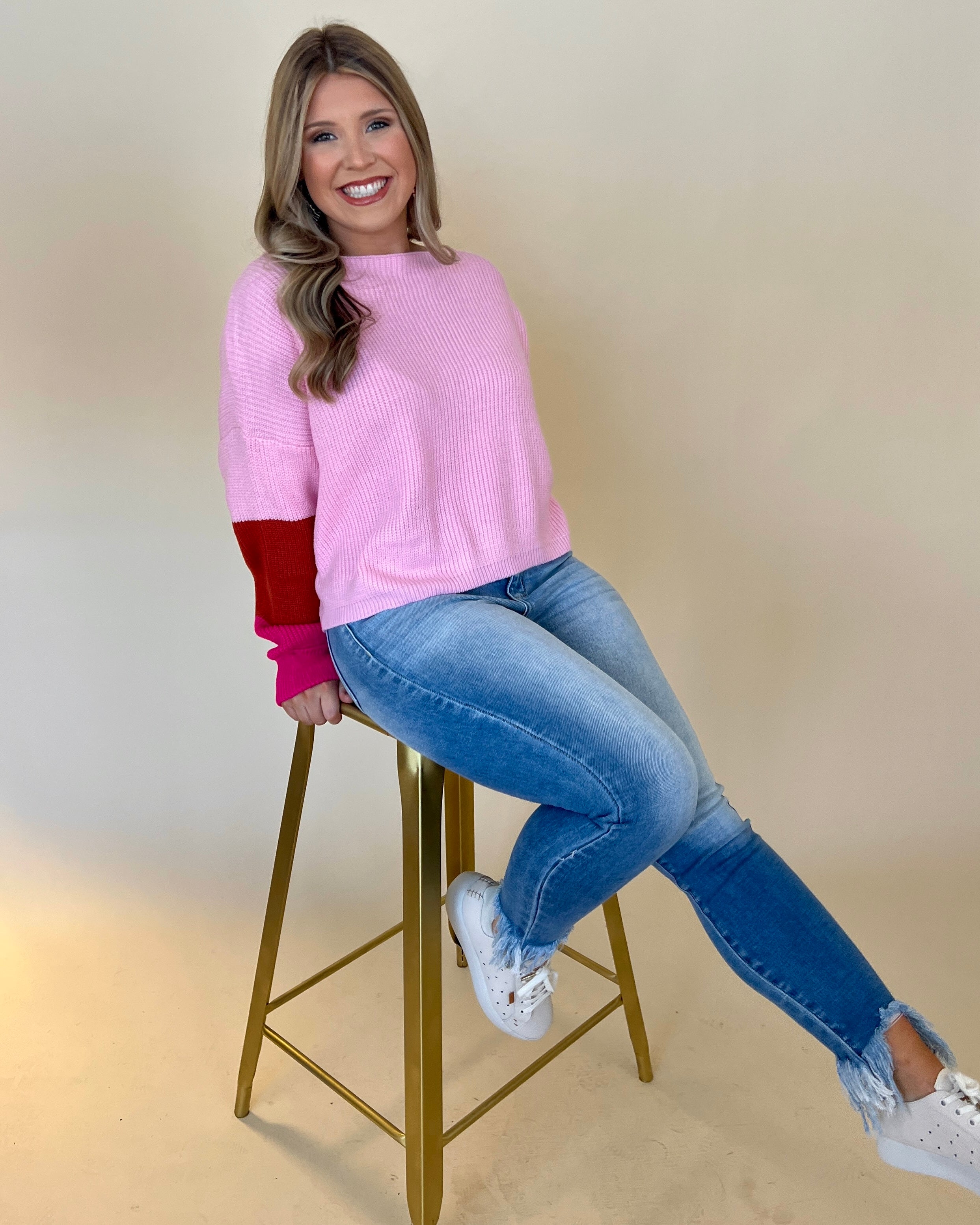 Be True Bubble Pink Color Block Sweater-Shop-Womens-Boutique-Clothing