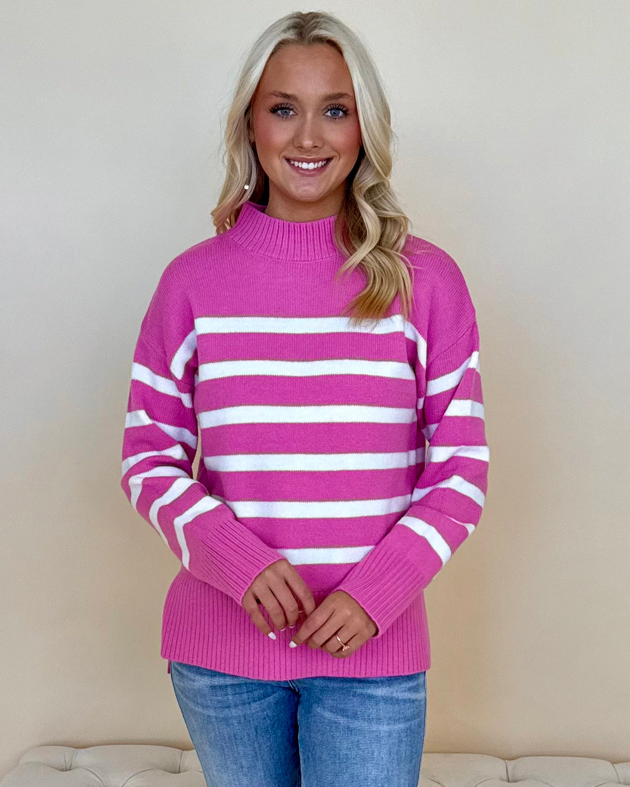 Easy Wear Candy Pink/Ivory Striped Sweater-Shop-Womens-Boutique-Clothing