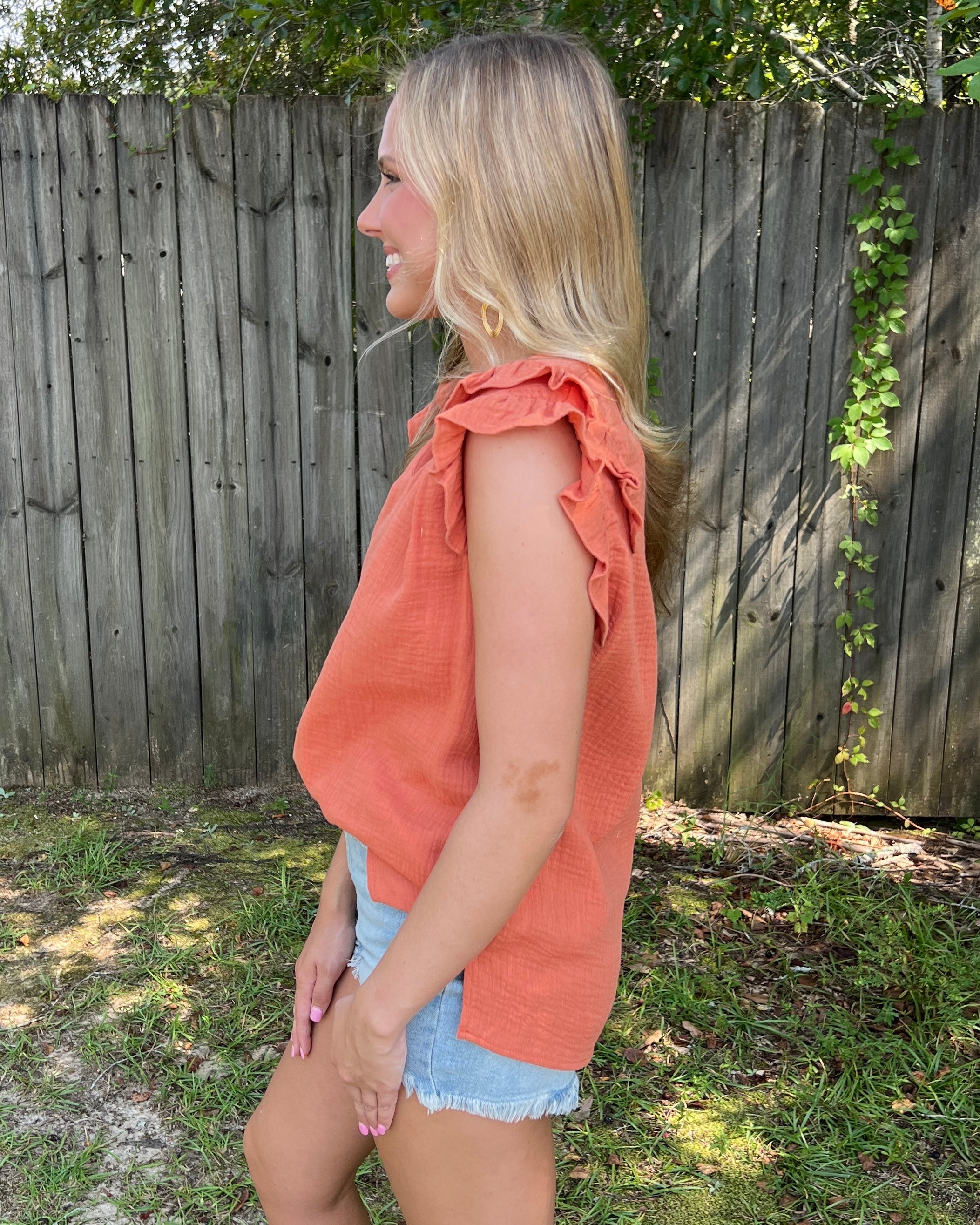 Take Me Home Ginger Ruffle Gauze V-neck Top-Shop-Womens-Boutique-Clothing