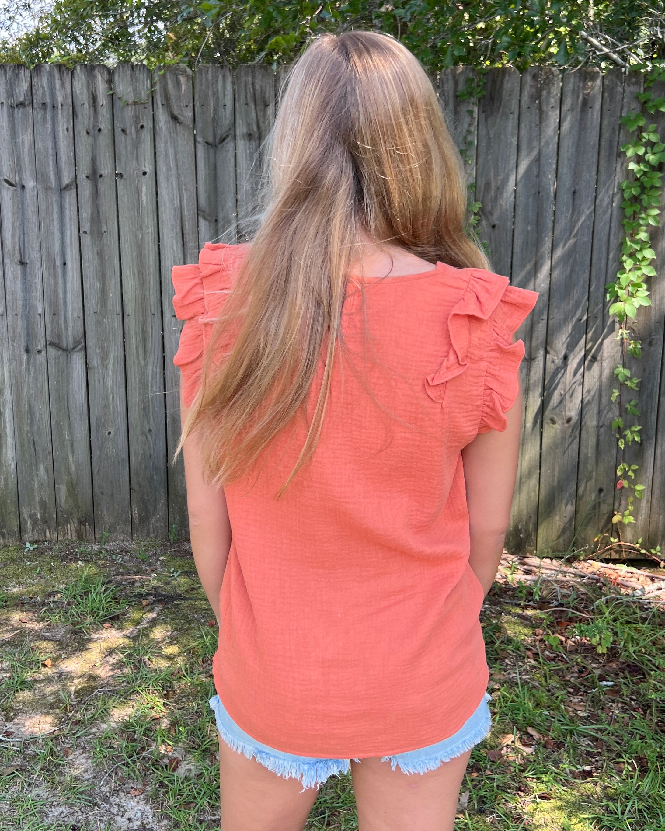 Take Me Home Ginger Ruffle Gauze V-neck Top-Shop-Womens-Boutique-Clothing