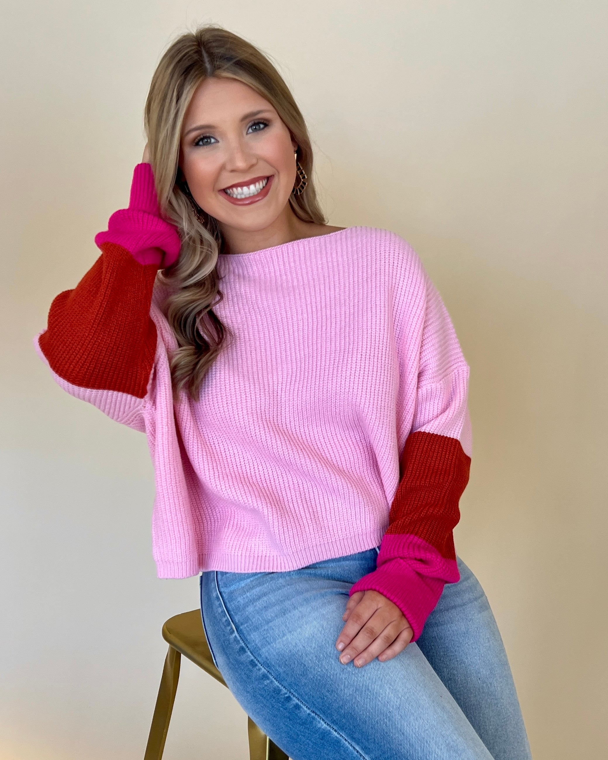 Be True Bubble Pink Color Block Sweater-Shop-Womens-Boutique-Clothing