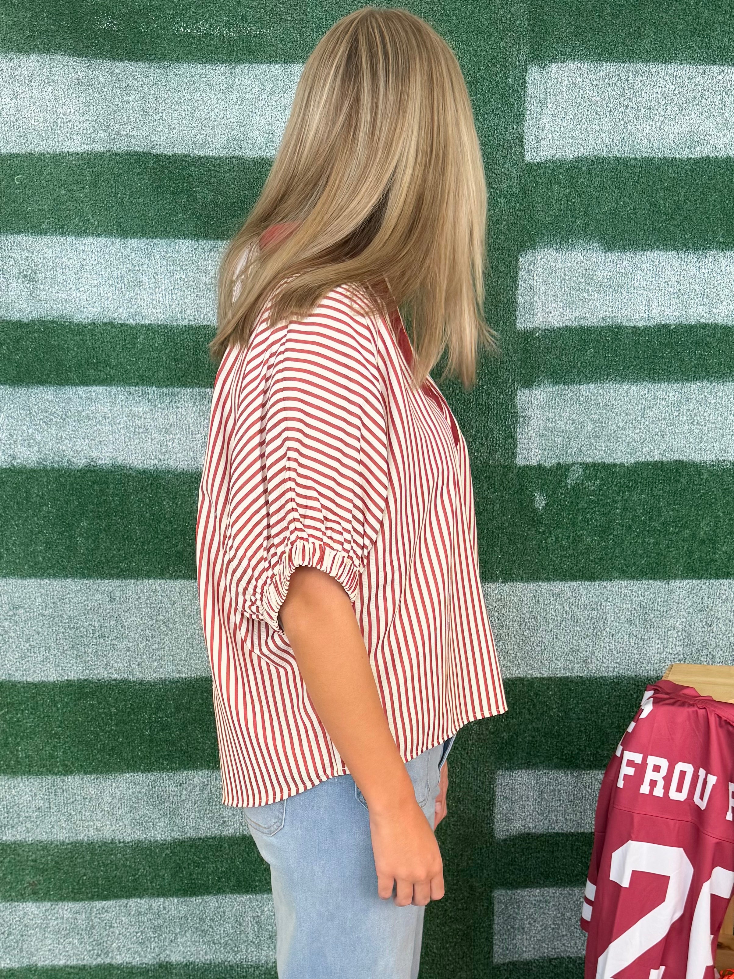 Stop the Show Brick Striped Split Neck Top-Shop-Womens-Boutique-Clothing