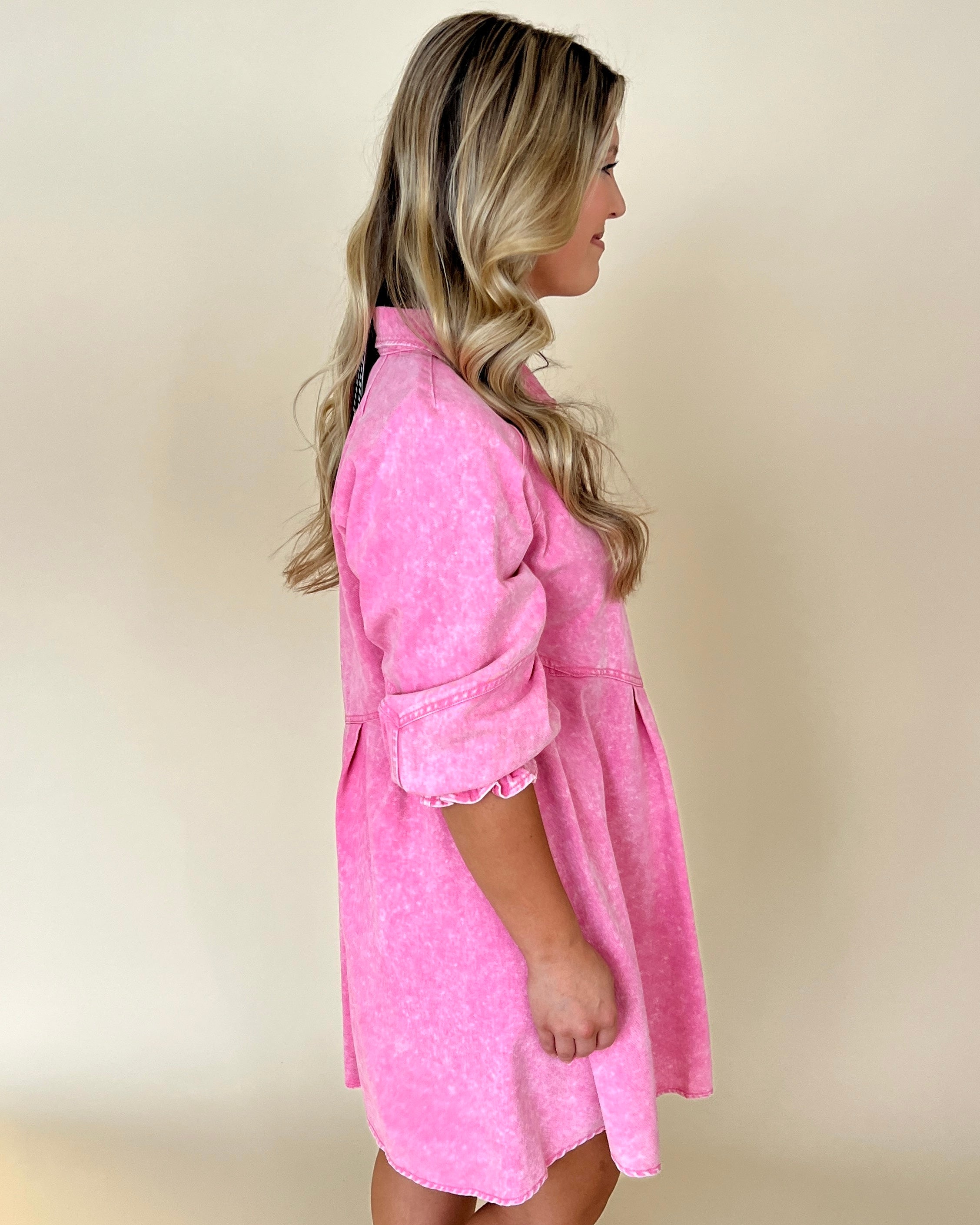 Crushing On You Bubblegum Washed Button Down Collared Dress-Shop-Womens-Boutique-Clothing
