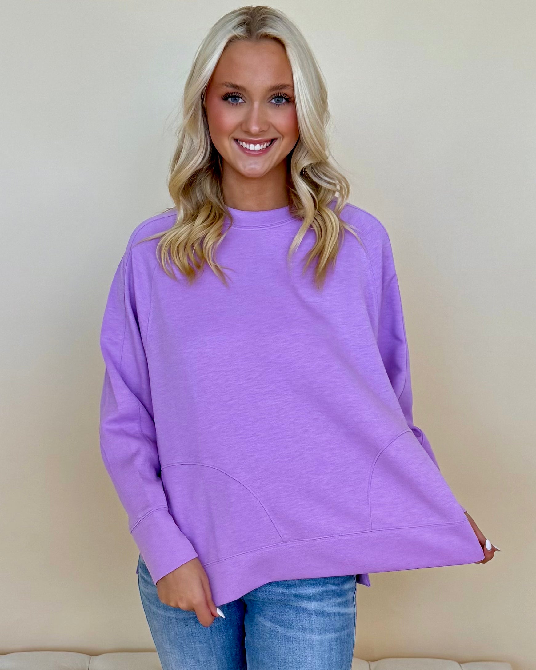 Chill Vibe Lavender Scuba Side Slit Sweatshirt-Shop-Womens-Boutique-Clothing