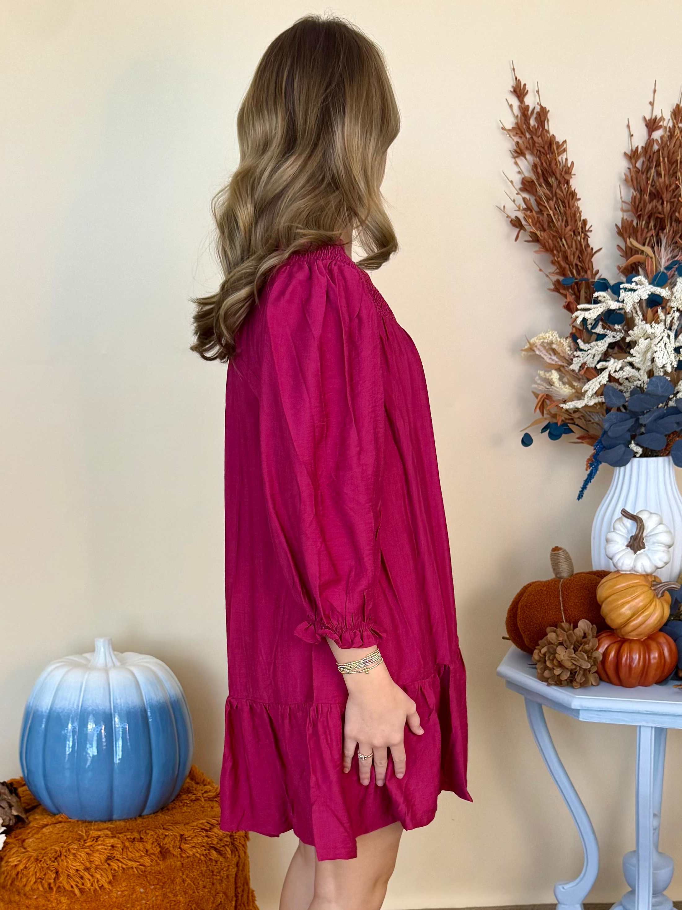 The Final Rose Mulberry Smocked Ruffle Detail Dress-Shop-Womens-Boutique-Clothing